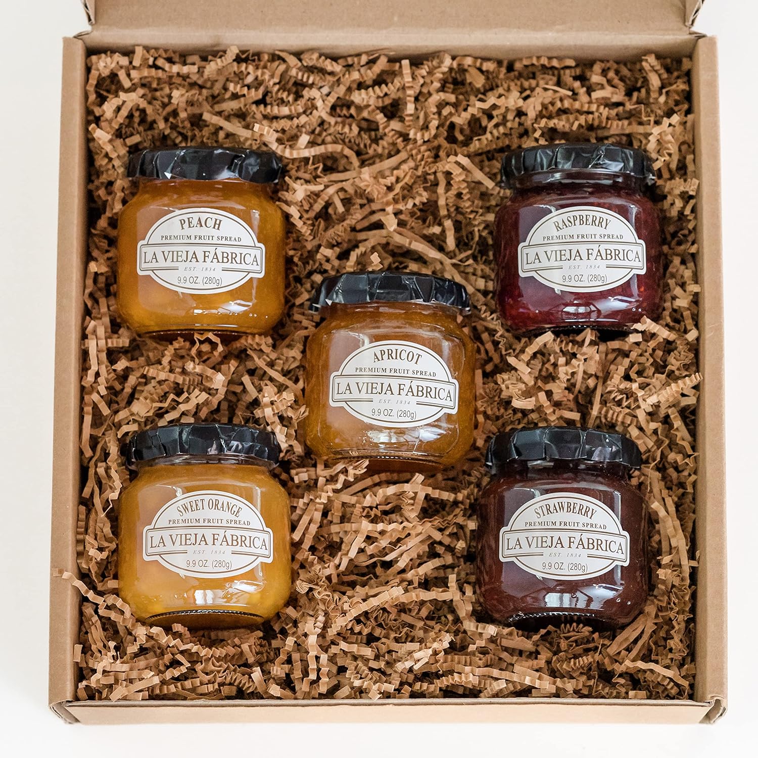 La Vieja Fabrica – Caja de regalo para untar de frutas, incluye mermelada de naranja dulce, melocotón, albaricoque, frambuesa y fresa, 9.9 onzas (5