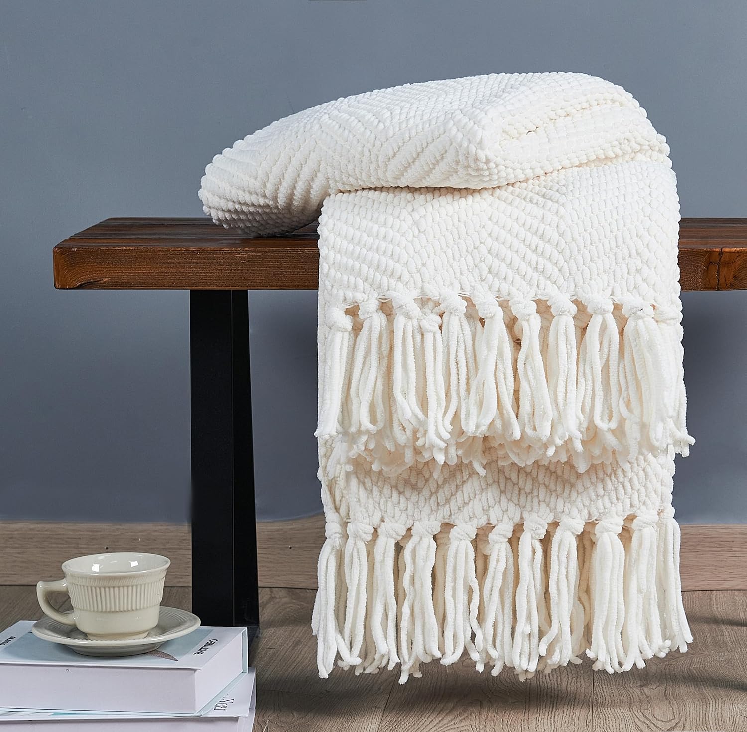 Manta de punto suave con textura para sofá, manta de tweed crema con borlas de flecos para decoración del hogar, cama, sofá, silla, 50 x 60