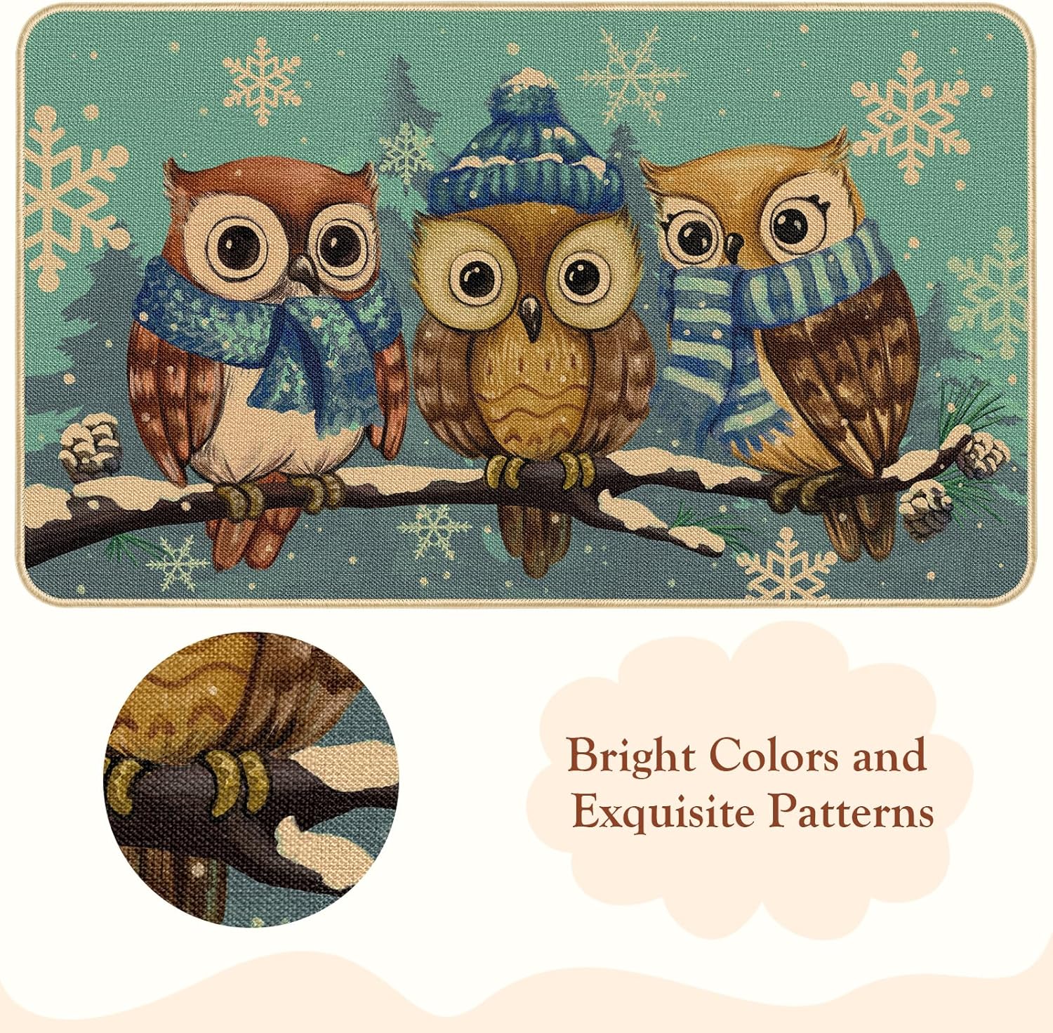 Tapete para puerta de invierno, antideslizante, con diseño de búho, para Navidad, invierno, copos de nieve, decoración del hogar, 29 x 17 pulgadas,
