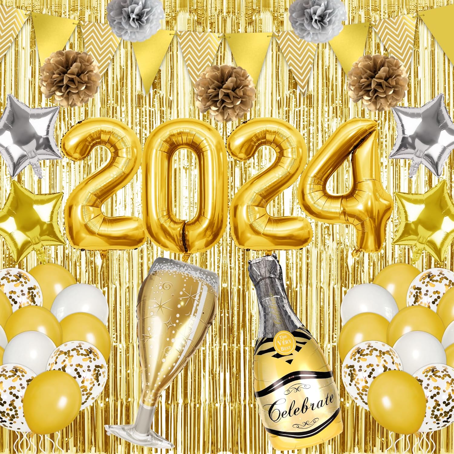 Yawagor – Suministros para fiesta de Año Nuevo 2024, 42 decoraciones doradas para fiestas de Año Nuevo, juego de globos de aluminio de 36 pulgadas,
