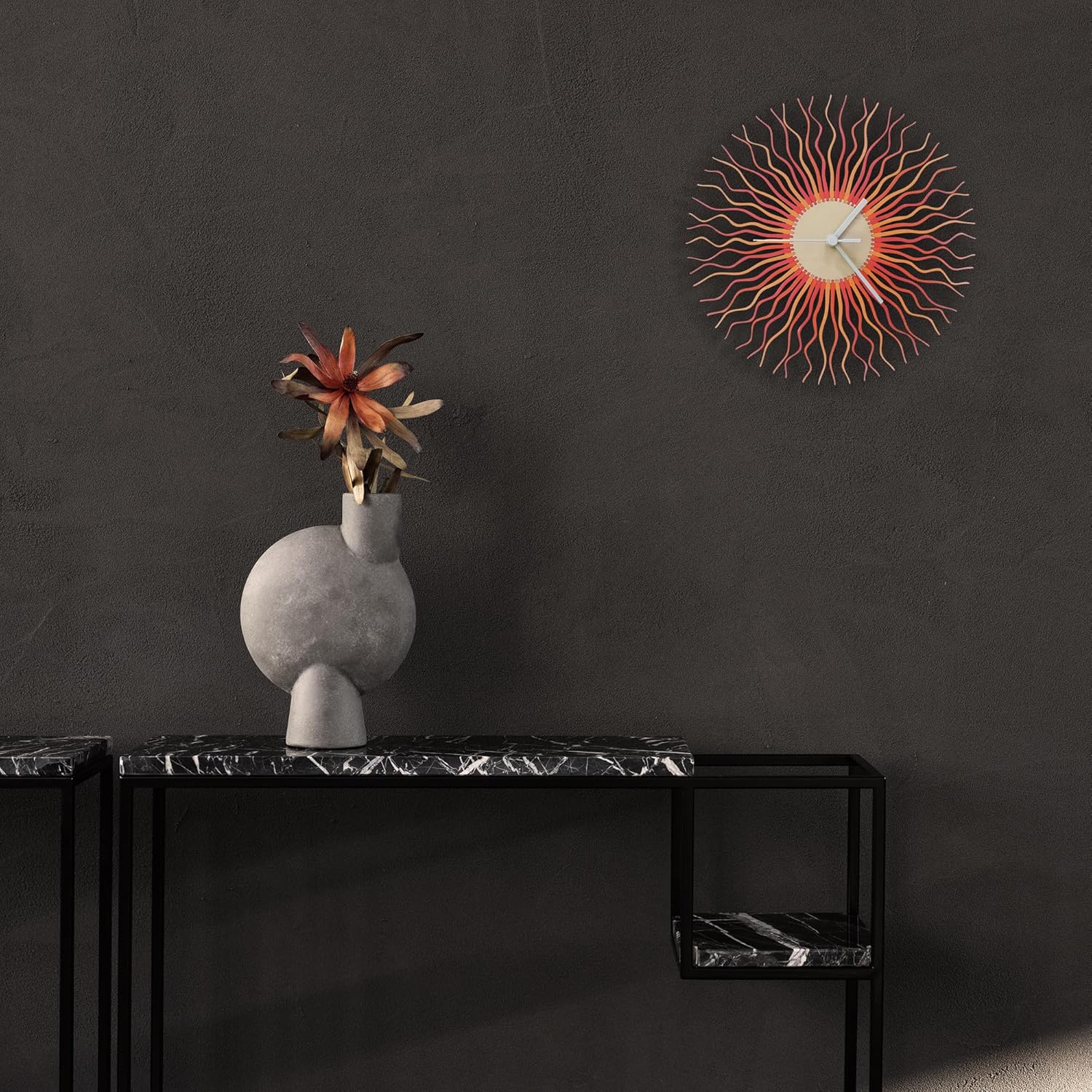 Reloj de pared moderno de mediados de siglo de 23.5 pulgadas, color rojo y naranja, decoración de pared contemporánea con forma de explosión de