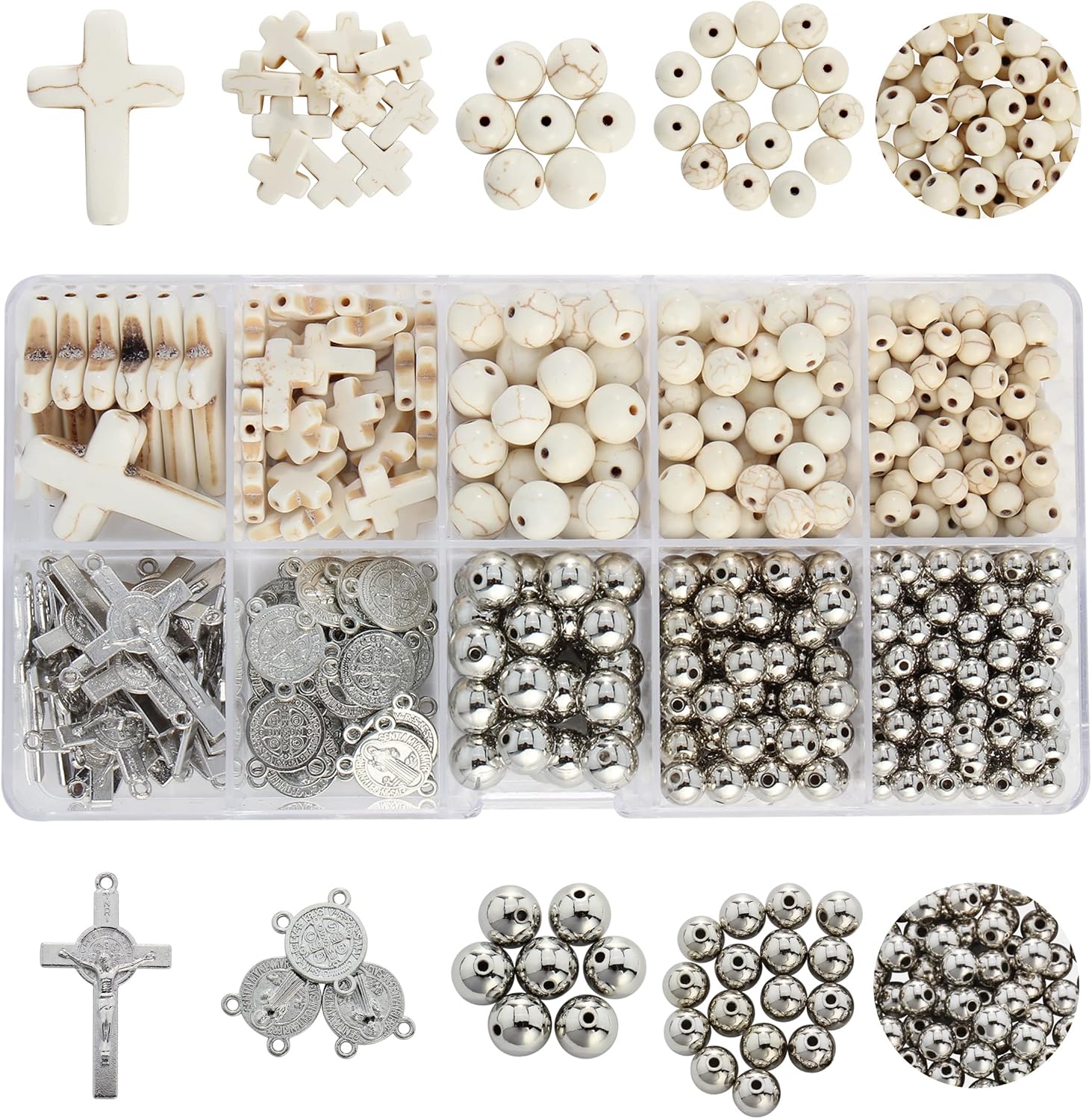 Firstmeet Kit de fabricación de joyas con cuentas redondas turquesa y colgante de cruz, espaciador chapado en rodio y dijes de cruz para collares,