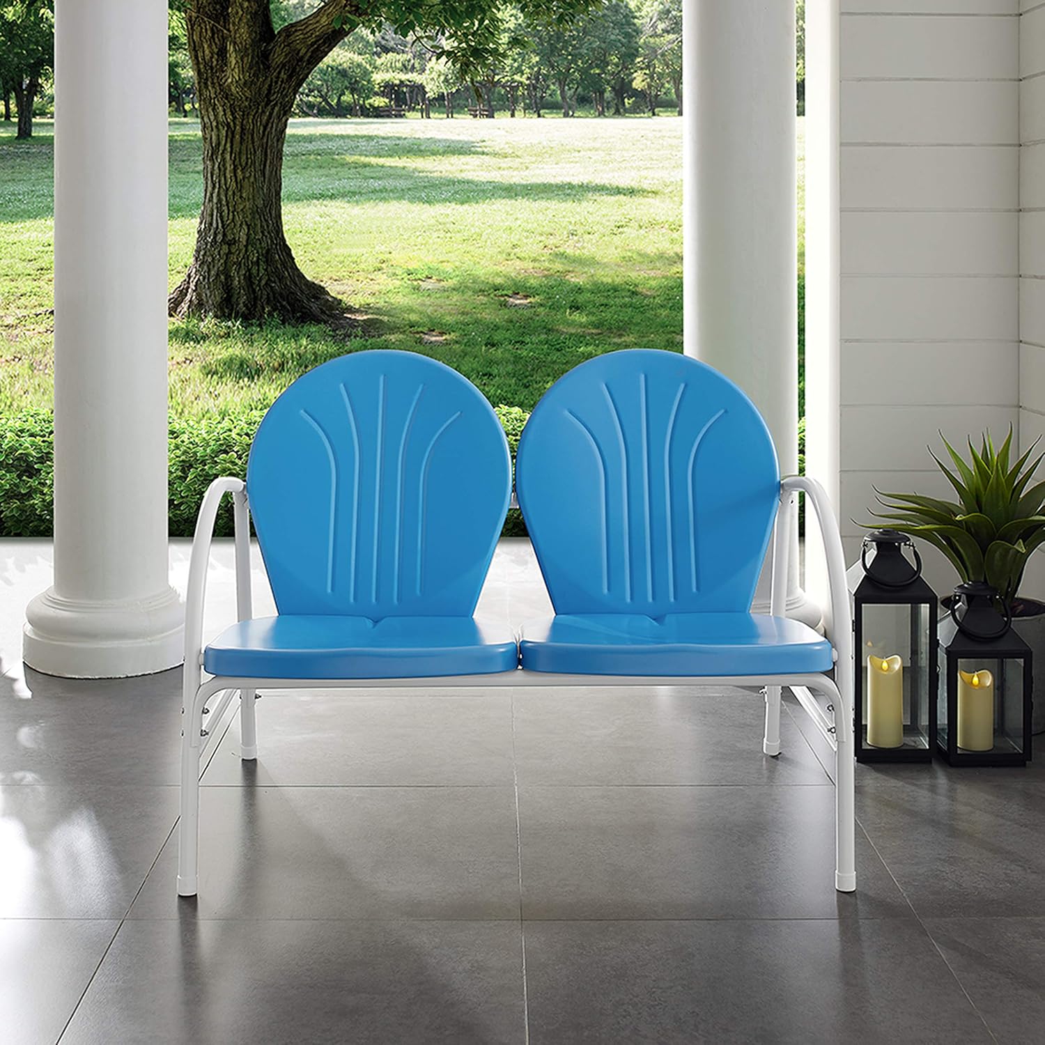 Crosley Furniture Griffith – Sofá biplaza de metal para exteriores, color azul cielo
