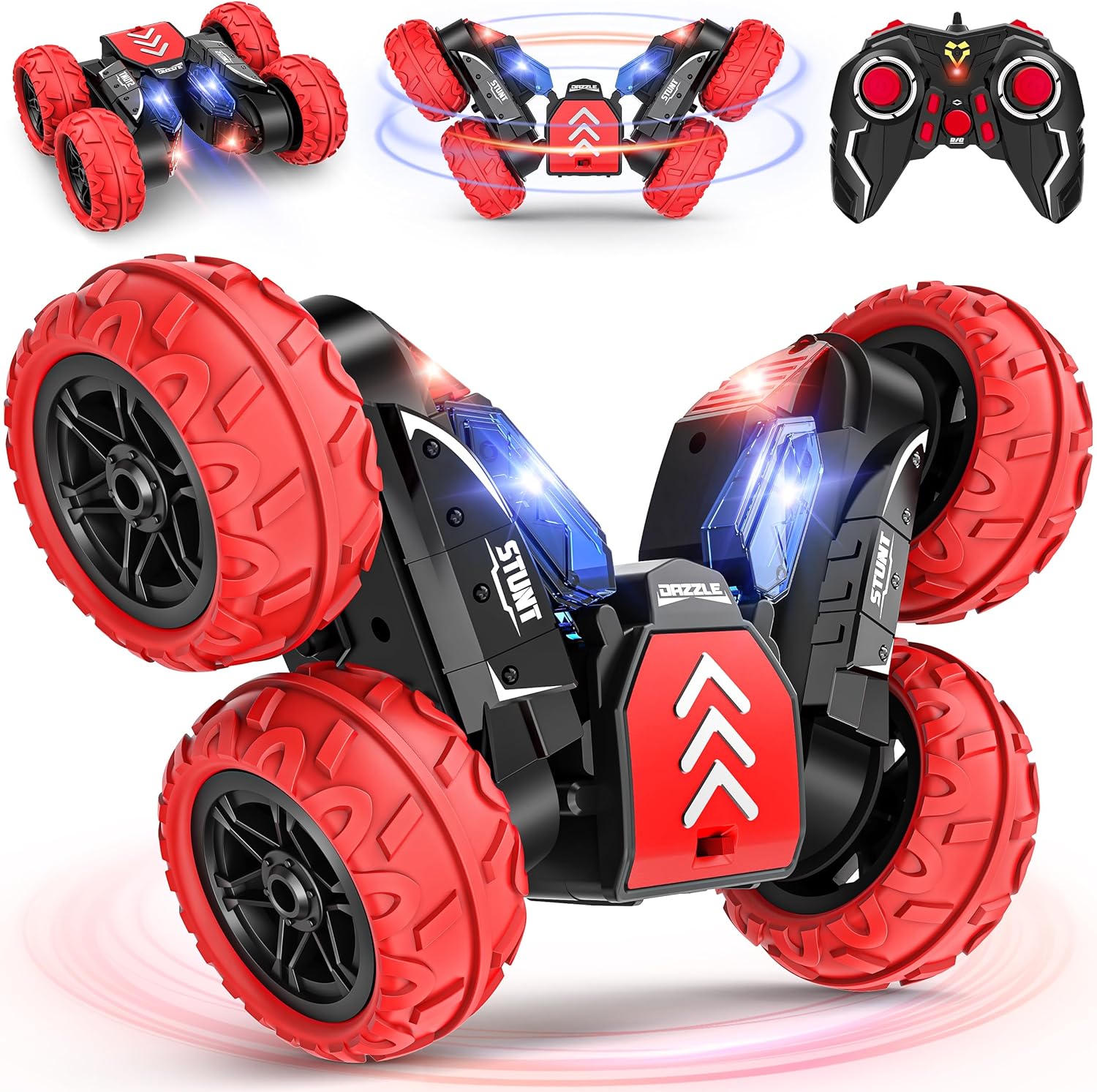 Coche de control remoto, autos de acrobacias de juguete de acrobacias, 4WD 2.4Ghz de doble cara giratoria de 360 con luces LED, juguete de auto RC