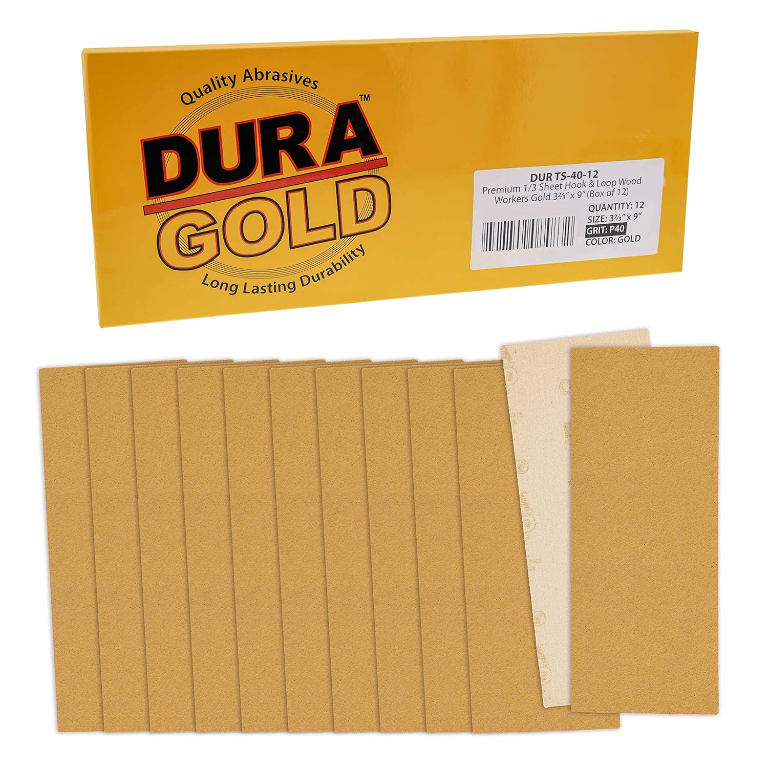Dura-Gold Hojas de papel de lija dorado de 13 hojas, grano 40 (caja de 12)  3-23 x 9 pulgadas, soporte de gancho y bucle de tamaño de 3-23 x 9