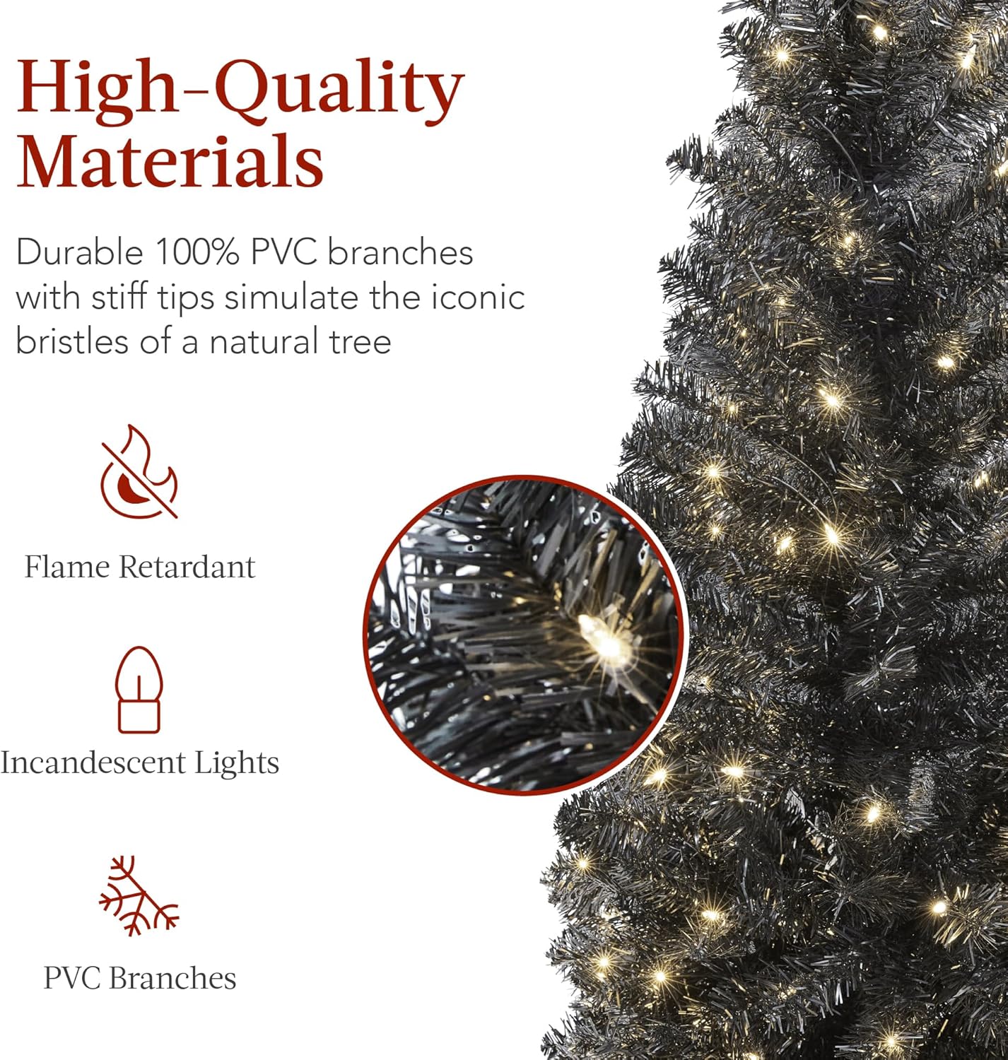 Best Choice Products Árbol de Navidad de lápiz negro preiluminado de 7.5 pies, árbol de vacaciones delgado artificial delgado para el hogar,