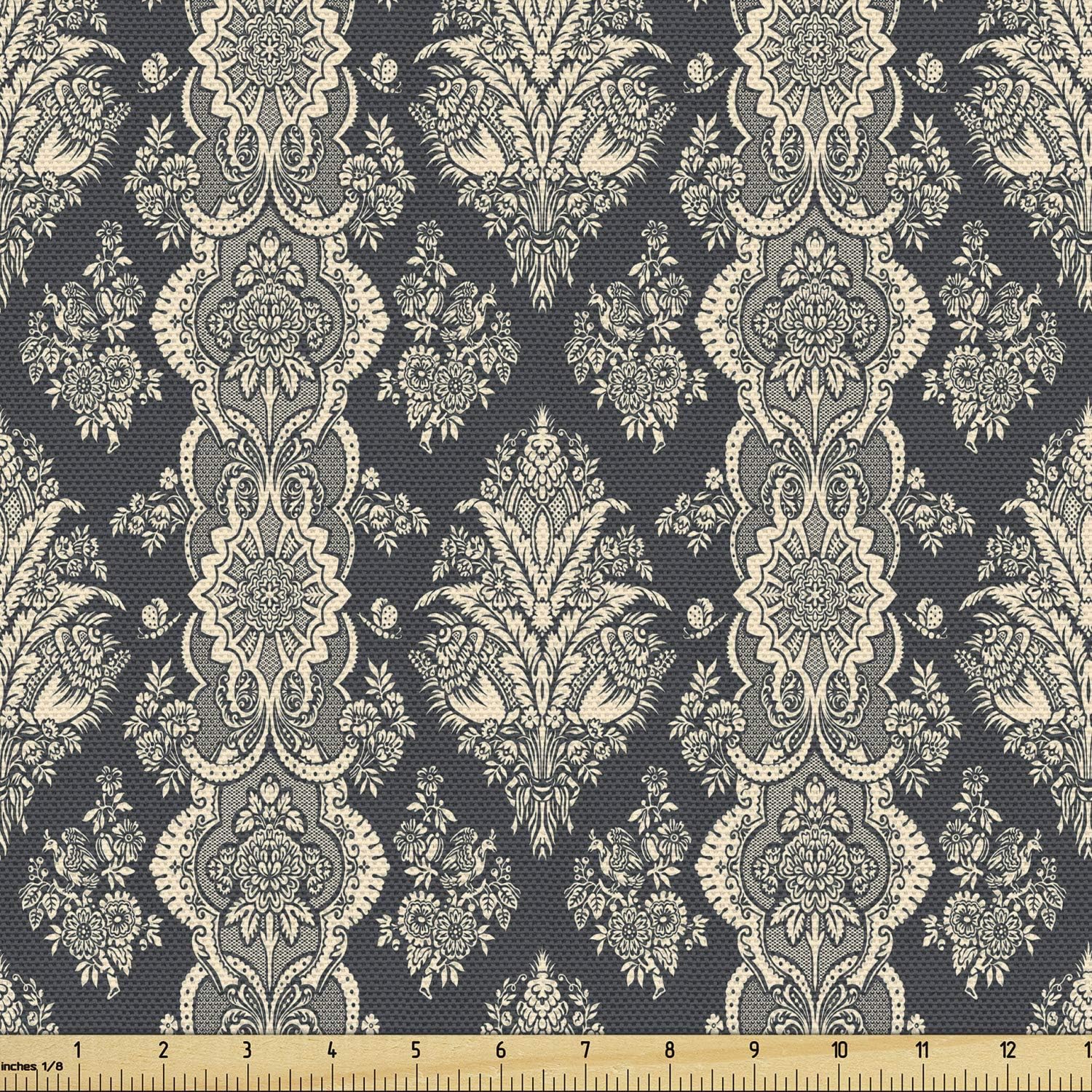 Ambesonne Tela de damasco por The Yard, patrón clásico barroco de estilo victoriano con imagen de hojas florales ornamentales, tela decorativa para