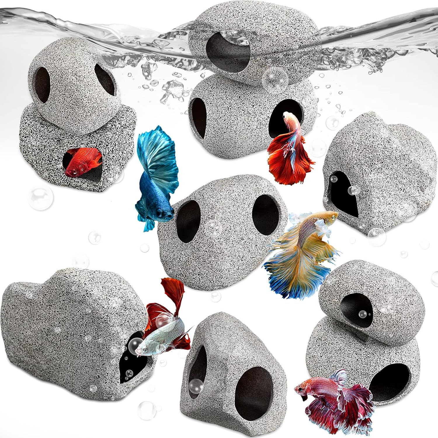 Lyrow 10 piezas de acuario escondido de roca apilable cueva de pecera para mascotas acuáticas para reproducir, jugar y descansar, refugios de