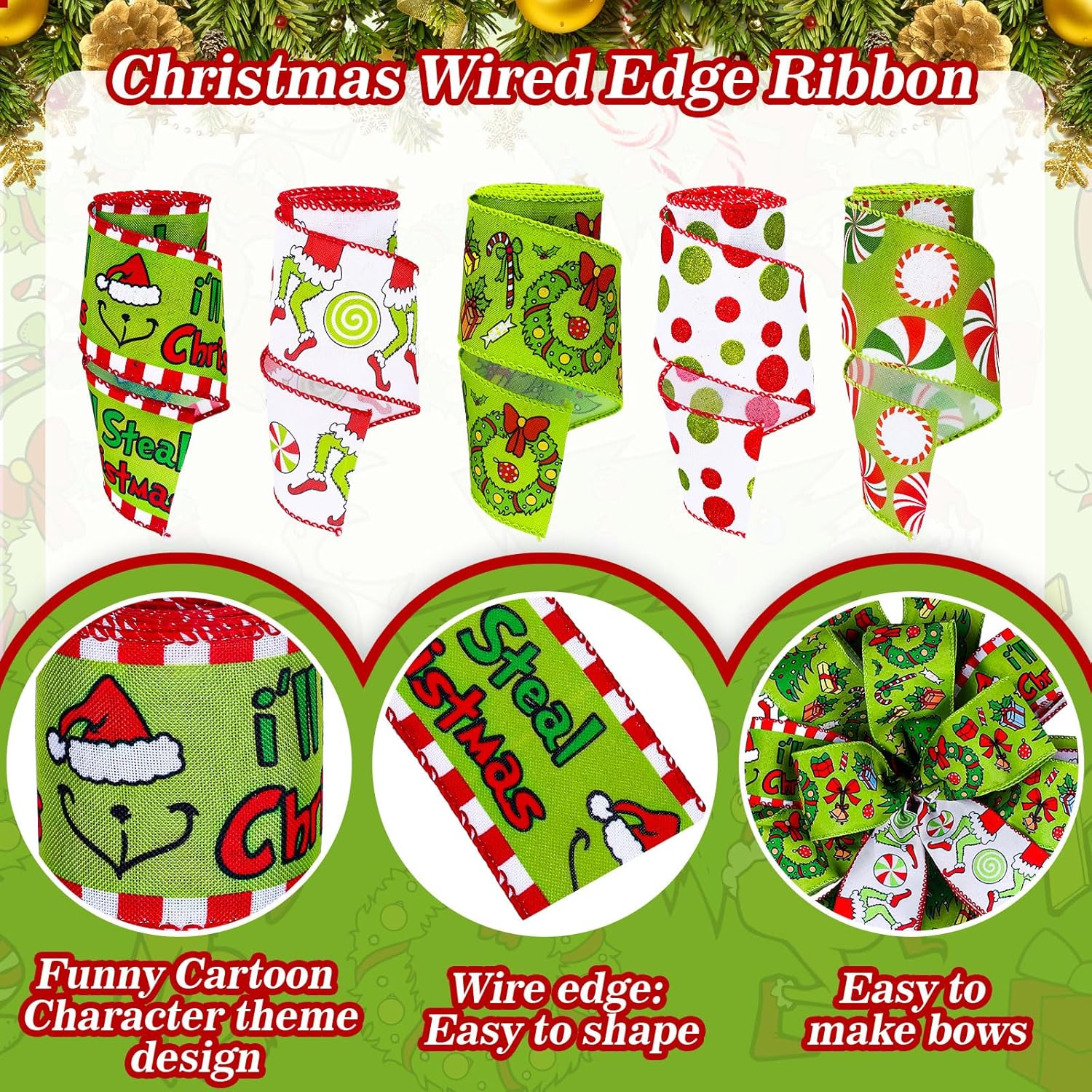 AnyDesign – 5 rollos de cinta de Navidad con borde con alambre de Navidad, divertido personaje de dibujos animados, cinta roja y verde con