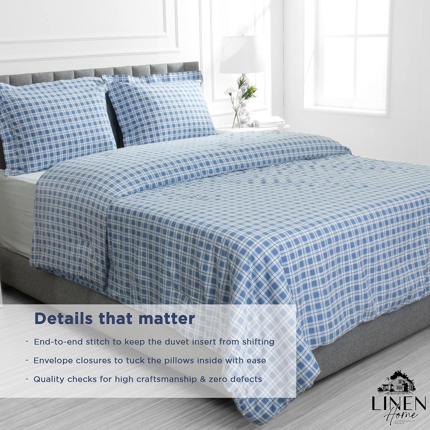 Linen Home Juego de edredón de percal tamaño Queen impreso, relleno de edredón alternativo de plumón de lyocell lavado para todas las estaciones,