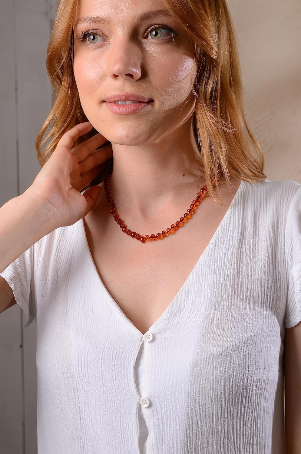 Cognac Amber Necklace for Women with 18K Gold Plated Silver Clasp – 17 inch wt 2 inch Extender- HandMade from Baroque Amber Beads (Cognac)