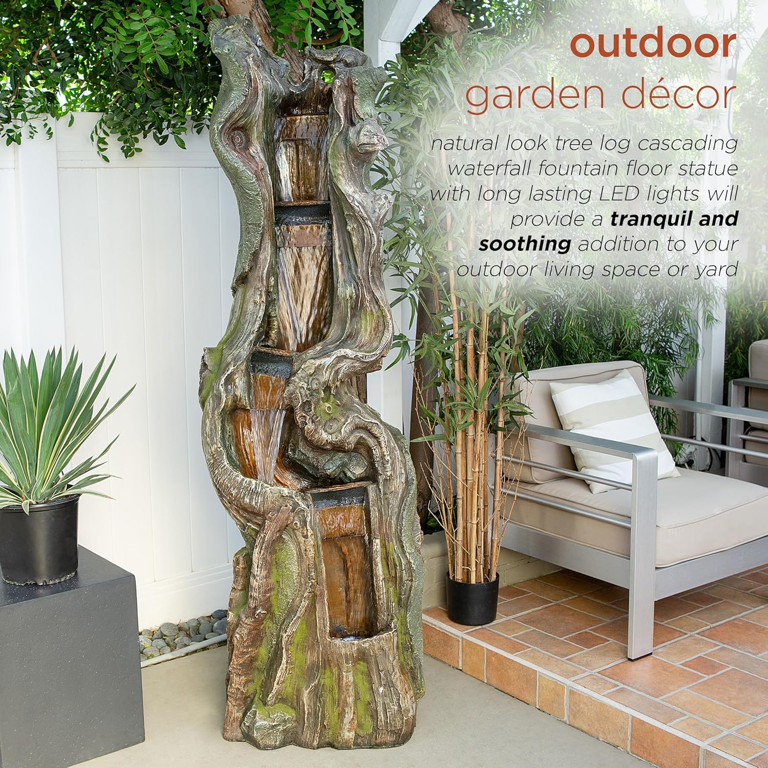 Alpine Corporation TVH156 – Fuente de agua para tronco de árbol en cascada con luces LED, cascada con luces, 79 pulgadas, marrón