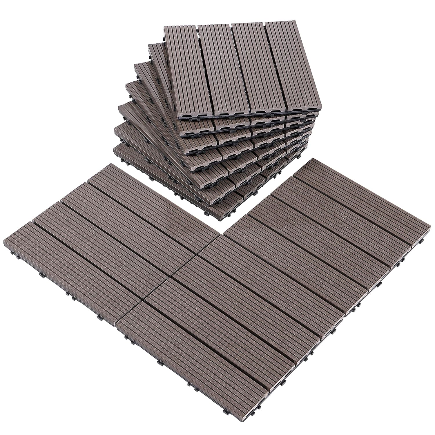 PURE ERA Azulejos de piso entrelazados de madera para interiores y exteriores, 12 x 12 pulgadas (10 unidades, 10 pies cuadrados, marrón) – Gran