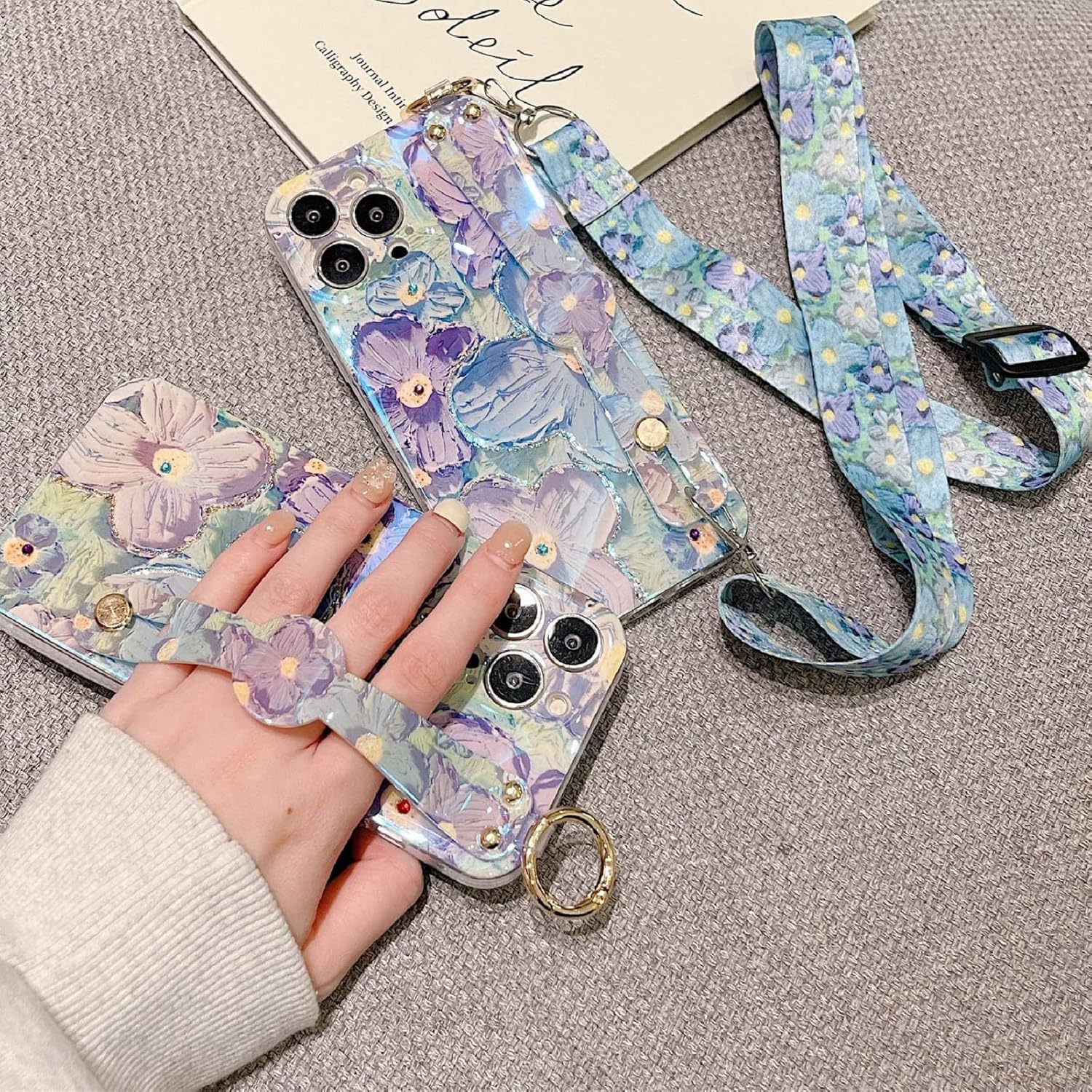 Funda de teléfono con soporte de flores de pintura al óleo suave para Samsung Galaxy A73 A53 A33 A23 A13 4G 5G, correa de muñeca, cordón, cubierta