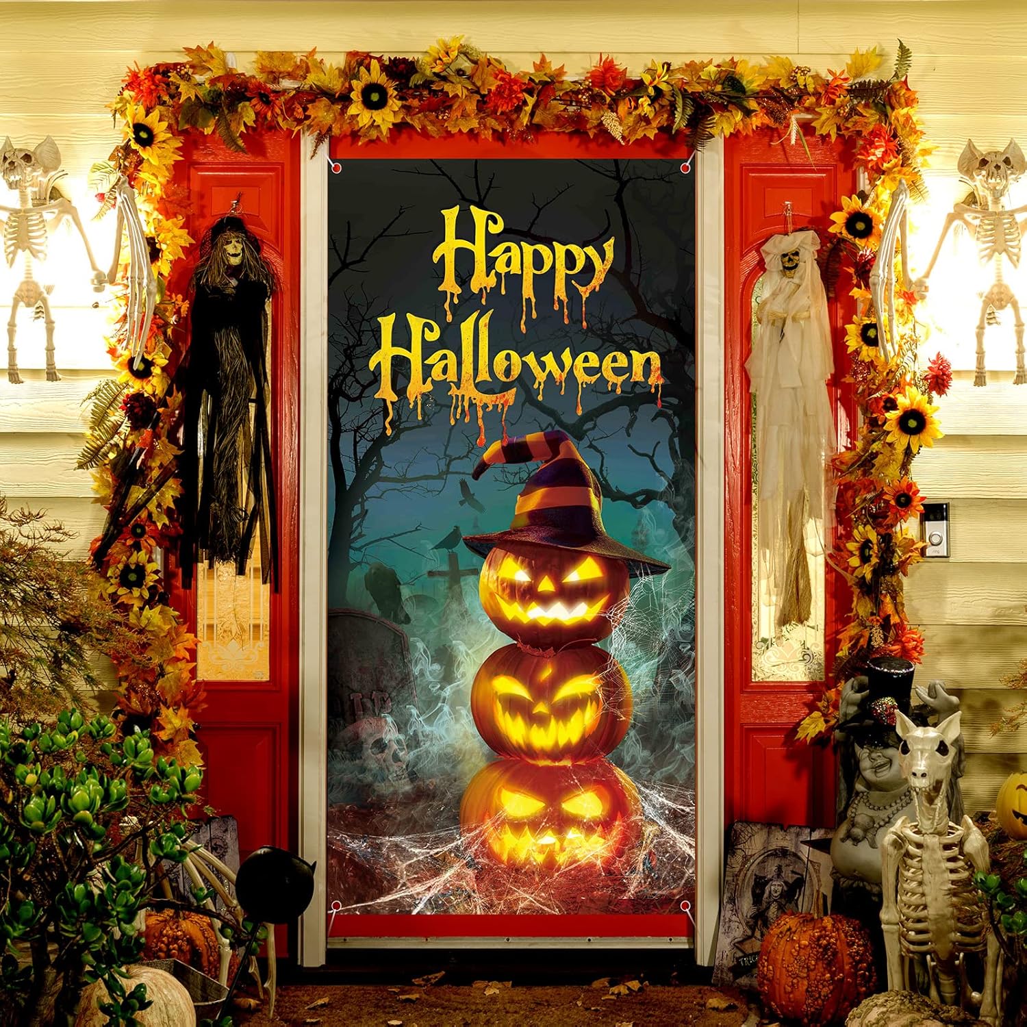 Cubierta de puerta de Halloween para decoración de puerta de Halloween, 70.9 x 35.4 in, tela grande, decoración de fiesta de Halloween, para puerta