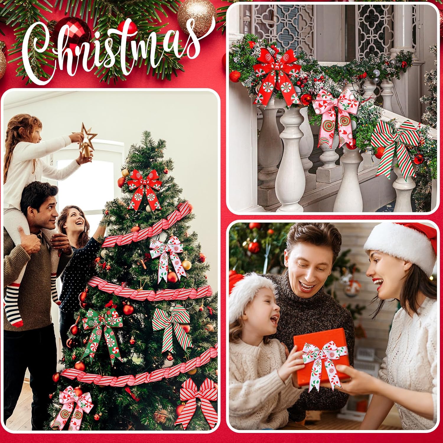 Yingzhao 6 rollos de 30 yardas de caramelo de Navidad de menta con borde con alambre, cinta de arpillera de caramelo de Navidad, cinta de arpillera