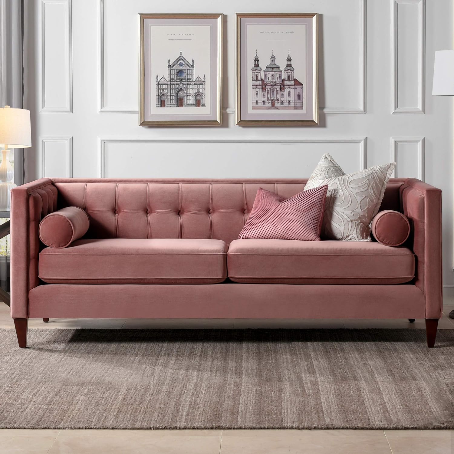 Jennifer Taylor Home Kinsley – Moderno sofá copetudo de esmoquin de 84 pulgadas, terciopelo rosa ceniza