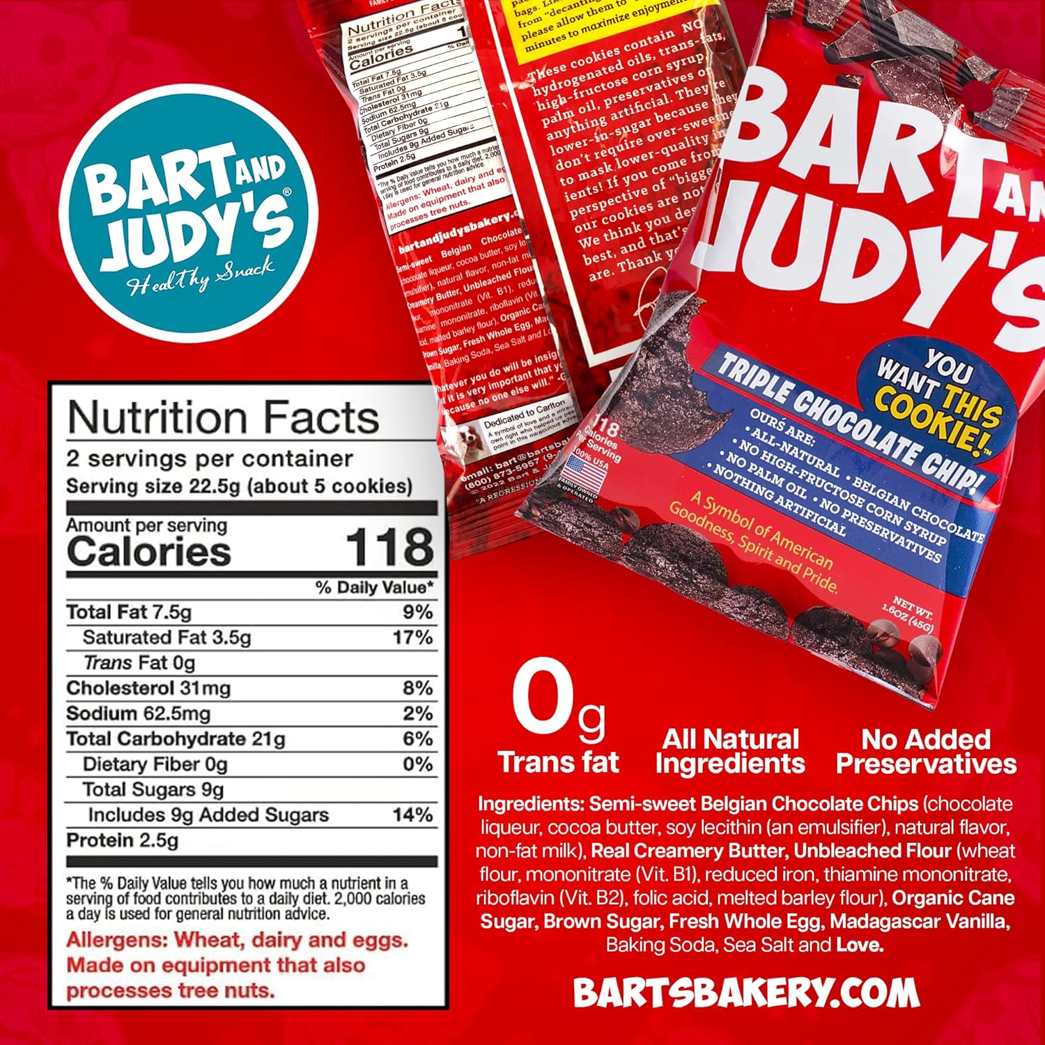 Bart & Judy’s – Galletas gourmet con chispas de chocolate hechas con ingredientes deliciosos, todos los ingredientes naturales, aperitivo casero de