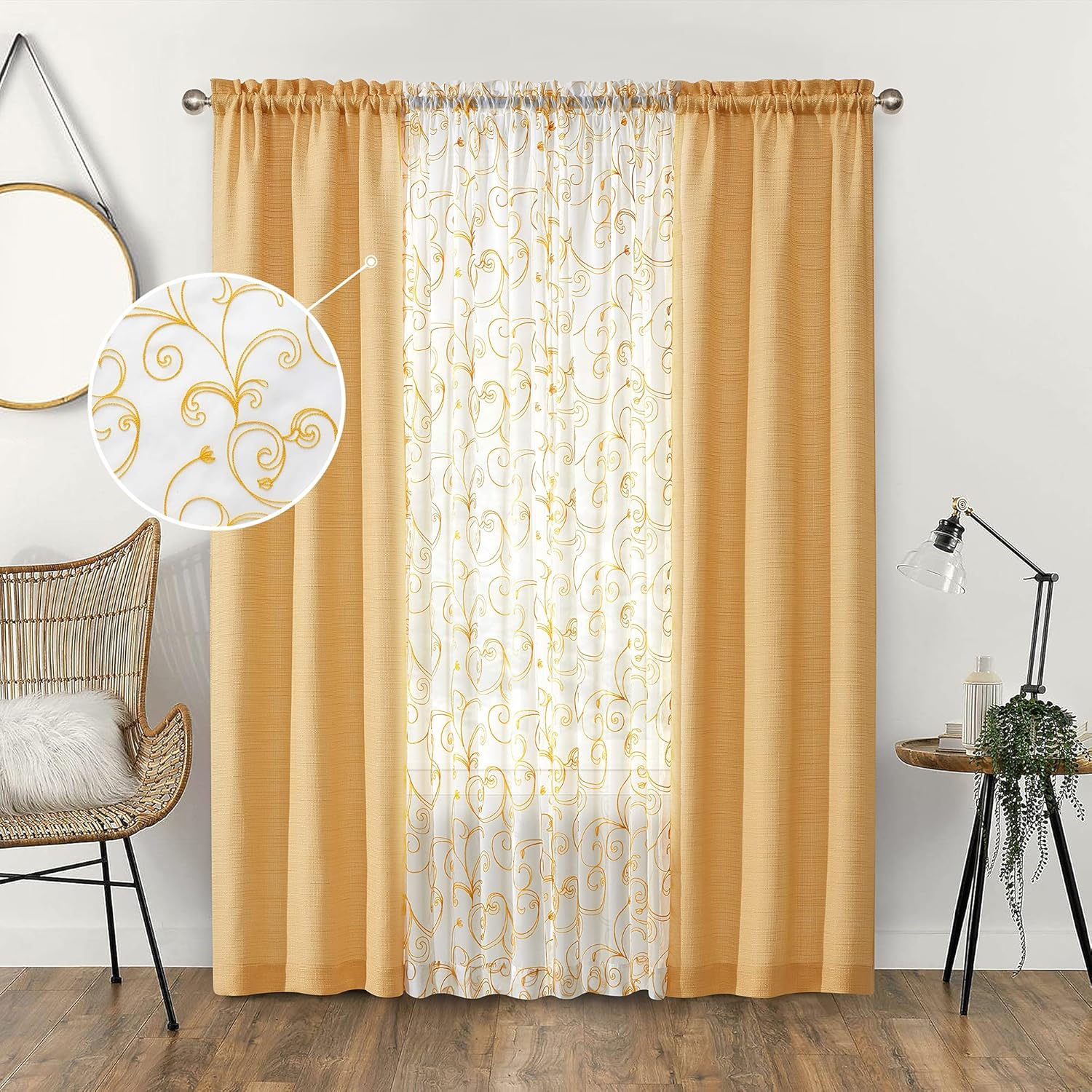 AUFENLLY – 2 cortinas semitraslúcidas con bordado de flores y 2 cortinas de arpillera para privacidad juego de 4 paneles amarillos para sala de
