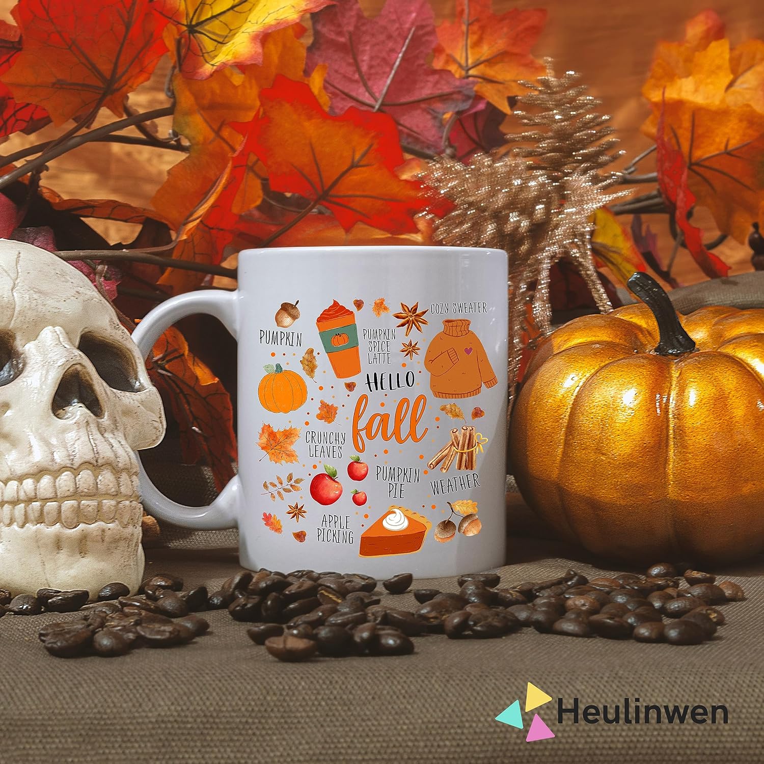 Taza de café con texto en inglés Hello Fall, taza de otoño, lindas tazas para mujer, decoración de otoño con agua dulce, decoración de otoño,