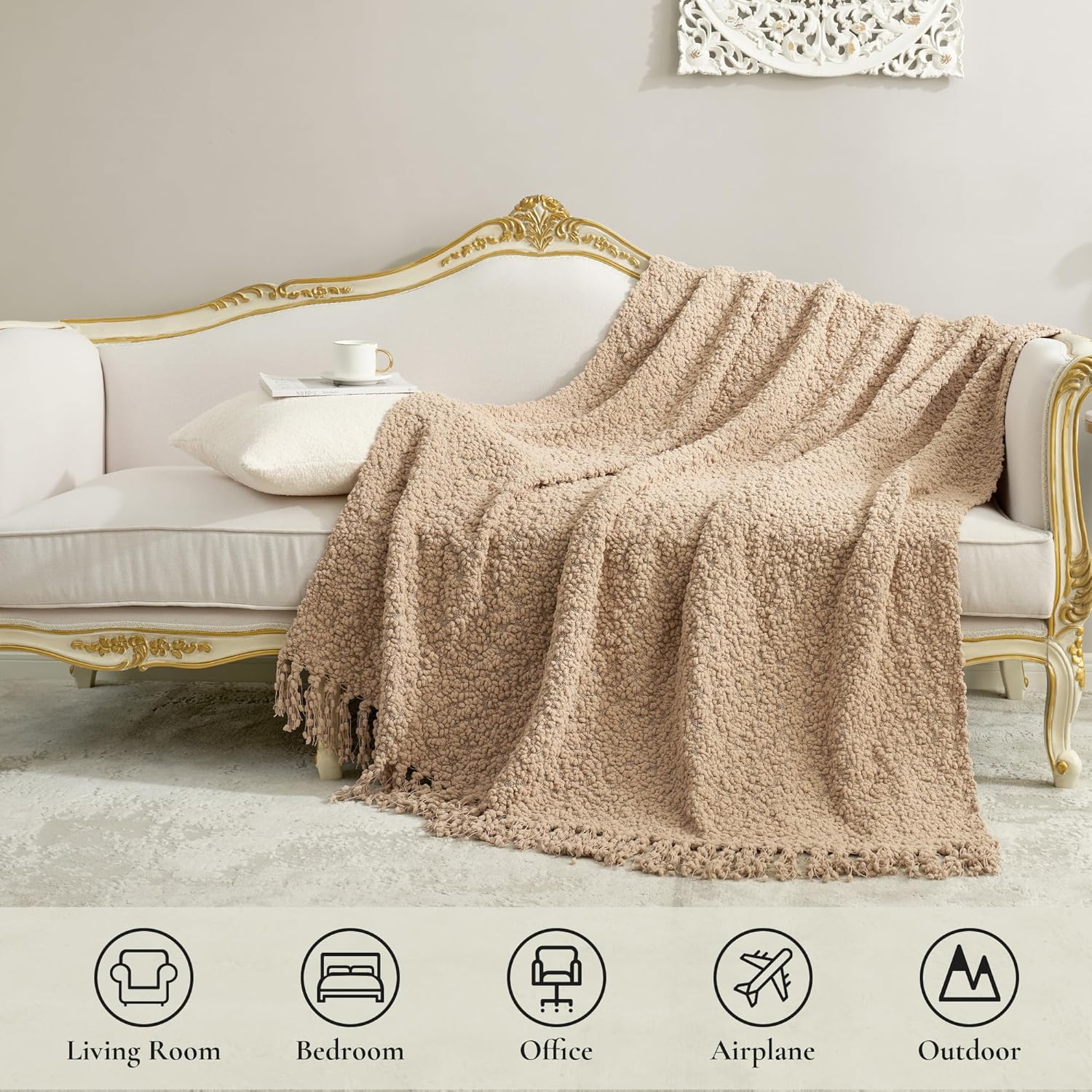 Amélie Home Manta texturizada de morera, hecha a mano con borlas, gruesa, suave y esponjosa, tejida de lujo para sillón, sofá o cama (beige, 50 x 60