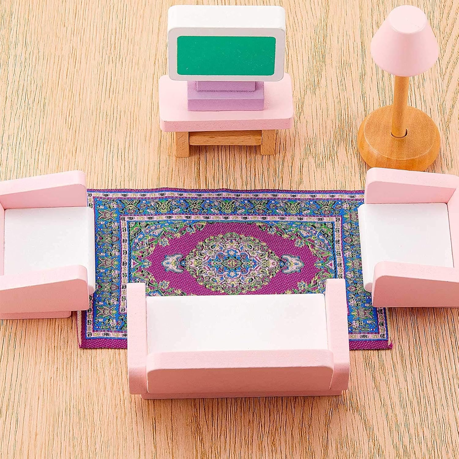 G0lden&Mang0 Juego de 22 muebles de casa de muñecas, 112 decoración de casa de muñecas, 1 mesa de comedor de madera y 4 sillas, 1 alfombra de pavo