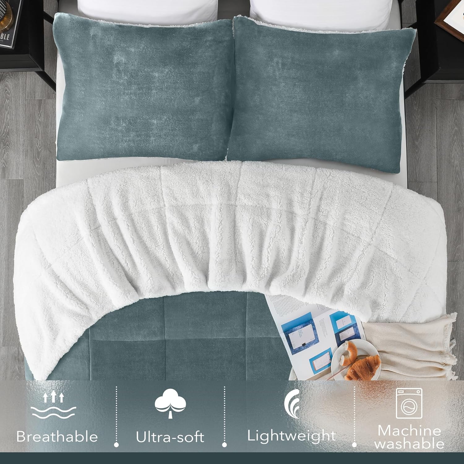 downluxe Juego de edredón ultrasuave de microvisón Sherpa Queen con 2 fundas de almohada, juego de 3 piezas, ciprés, cálido de felpa para otoño e