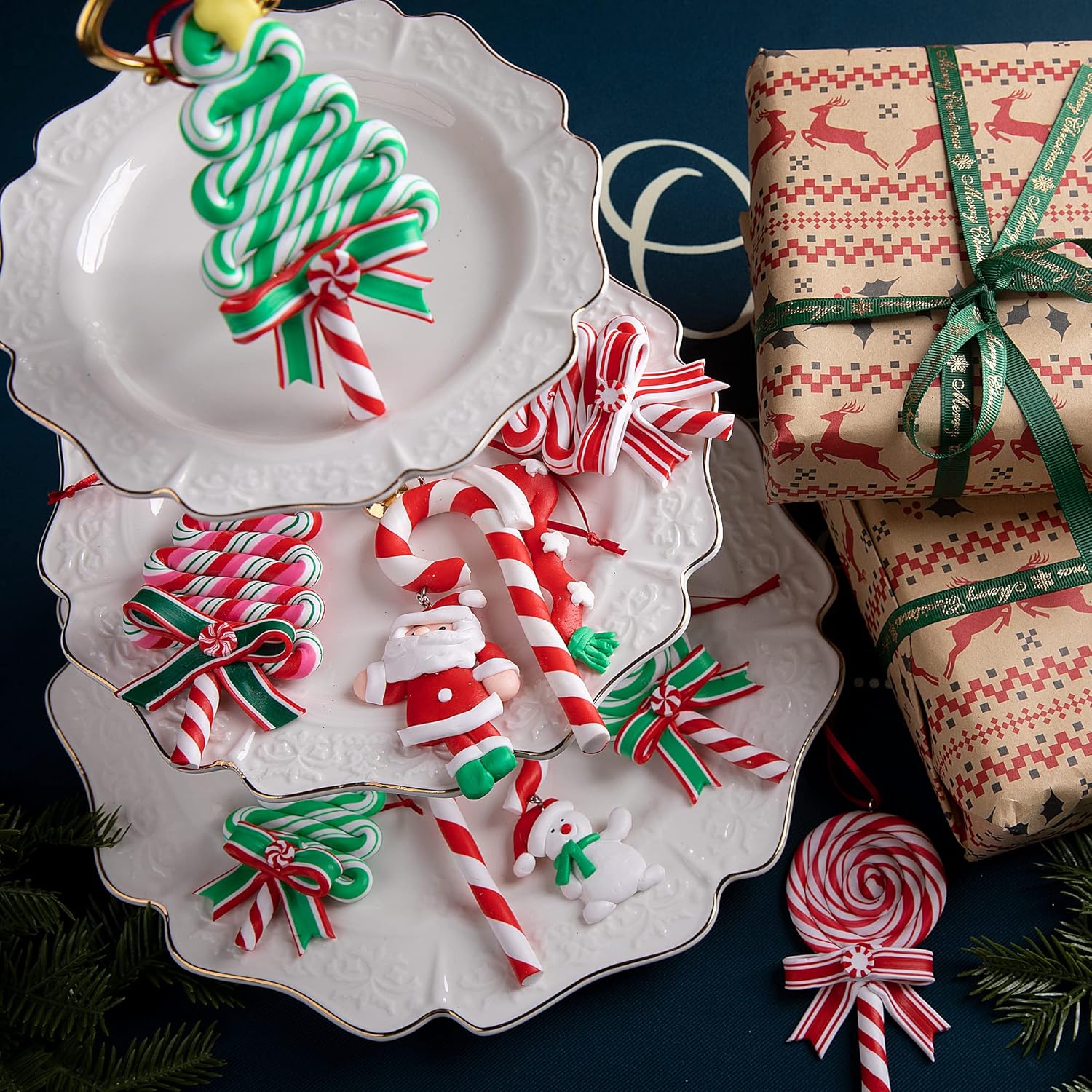 9 adornos de piruleta de Navidad, adorno de bastón de caramelo de árbol de Navidad, adornos decorativos de arcilla polimérica para decoración de