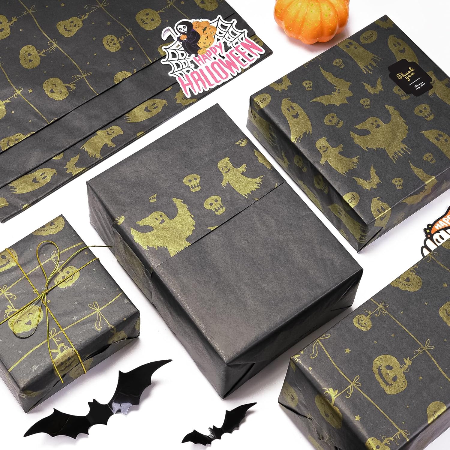 Larcenciel Papel de seda de Halloween, 60 hojas de papel de seda metálico de calabaza fantasma para bolsas de regalo y envoltura de regalos,