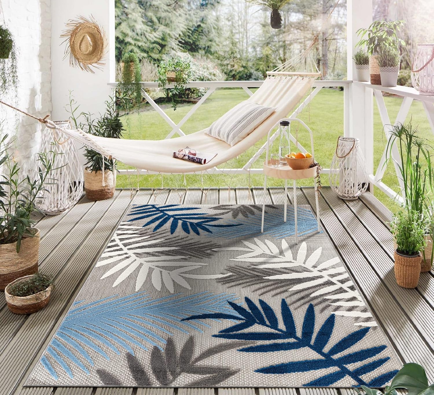 Rugshop Evora Palm Frond – Alfombra de área para patio, interior y exterior, no desprende pelusa, 5 x 7 pies, color azul
