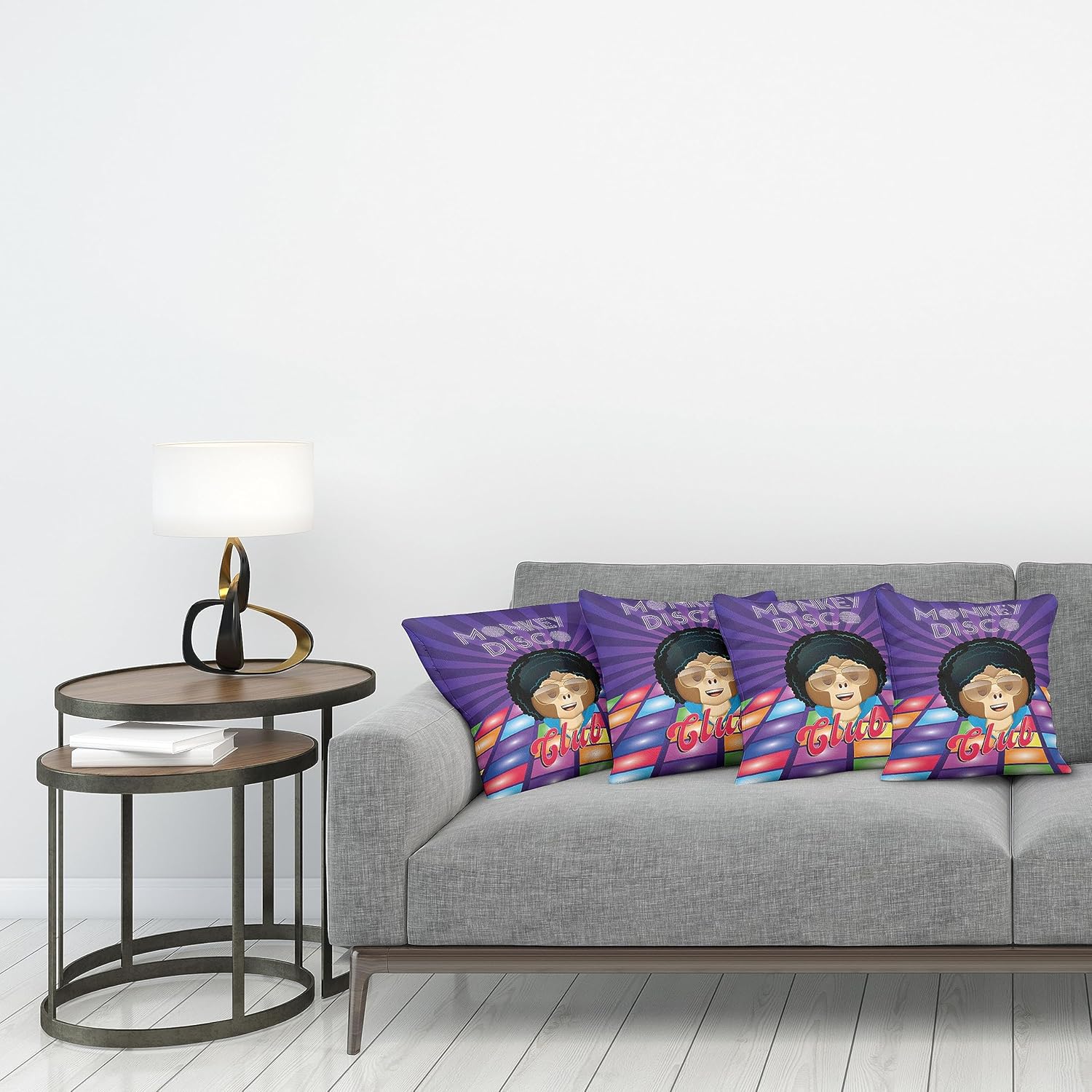 Ambesonne Emoji – Juego de 4 fundas de almohada decorativas, diseño de mono disco retro, divertido personaje de simio con pelo afro loco, funda de