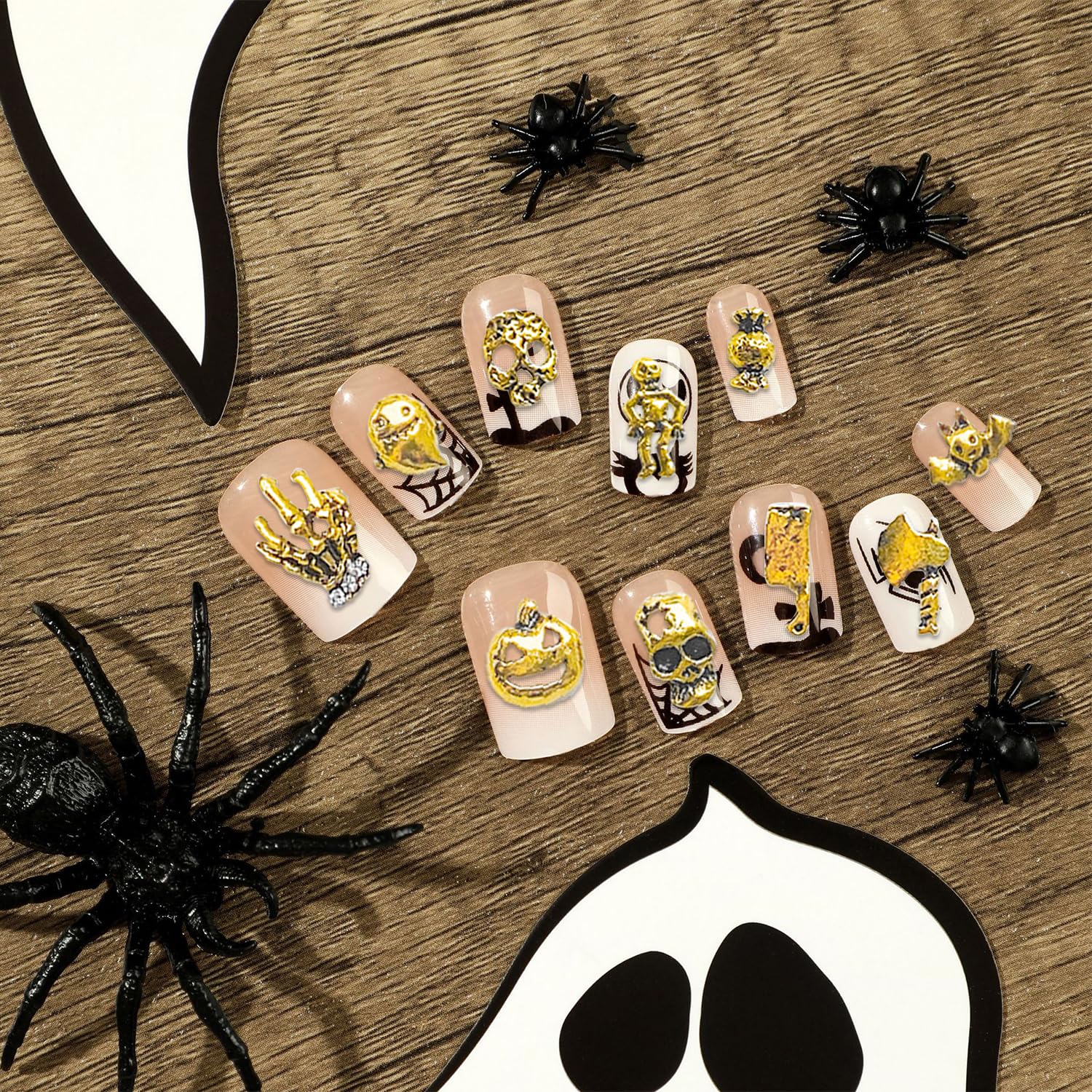 SILPECWEE 100 dijes de uñas de Halloween 3D con parte trasera plana, joyas de uñas retro de calabaza dorada y calavera para uñas, diseño de clavos