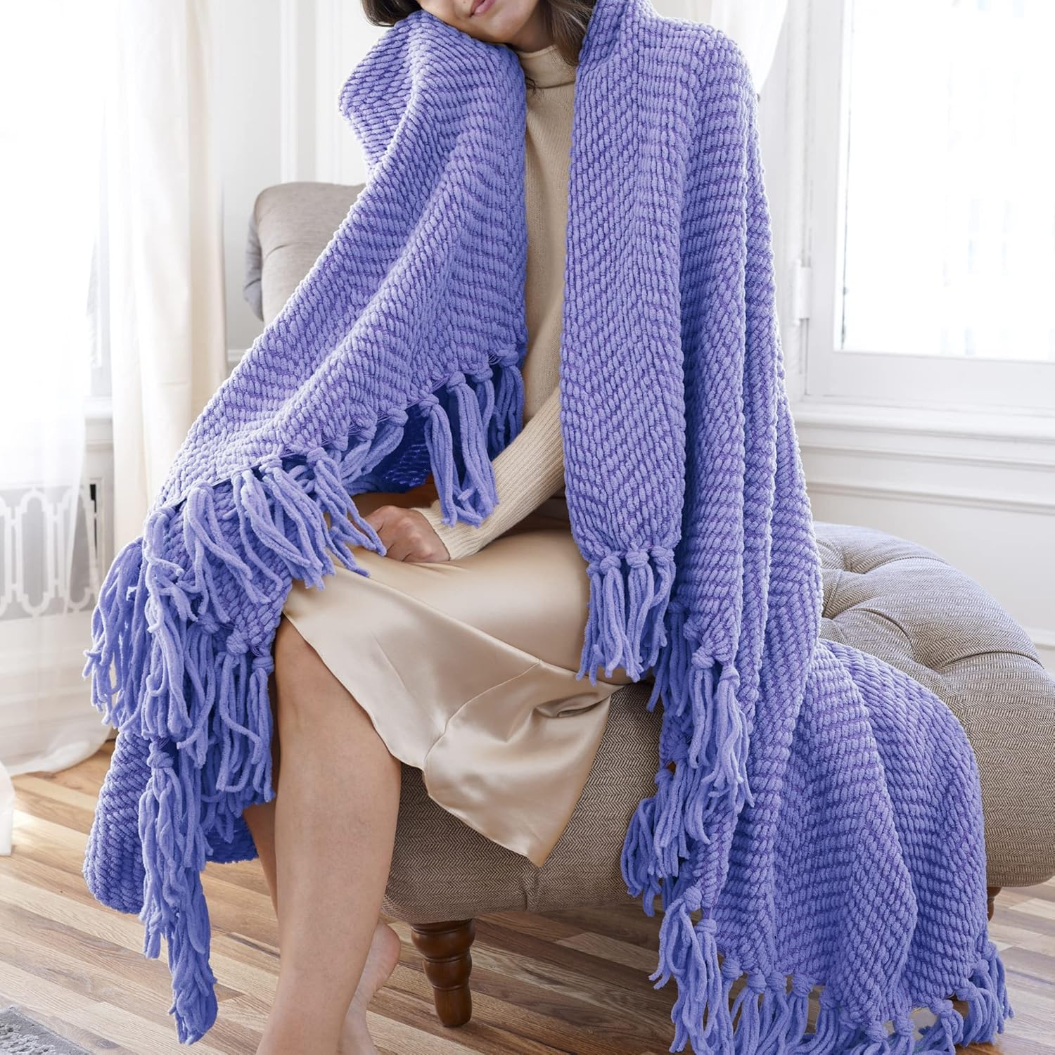 Manta de punto suave con textura para sofá, manta de tweed morado con borlas de flecos para decoración del hogar, cama, sofá, silla, 50 x 60