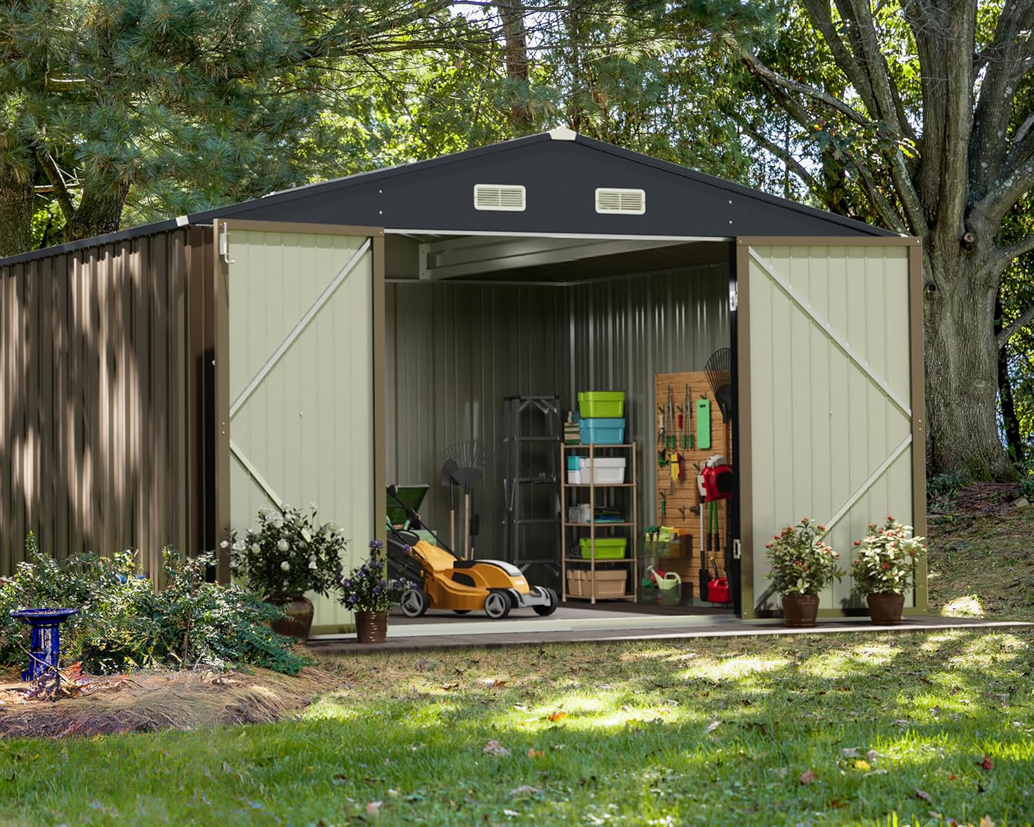 Greesum Cobertizo de almacenamiento para exteriores, 10 x 10 pies, cobertizo de herramientas de acero con puerta y cerradura, cobertizos de metal