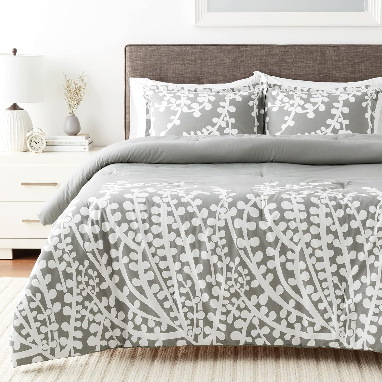 City Scene – Juego de edredón Queen, ropa de cama de algodón con fundas a juego, decoración moderna del hogar (ramas grises, Queen)