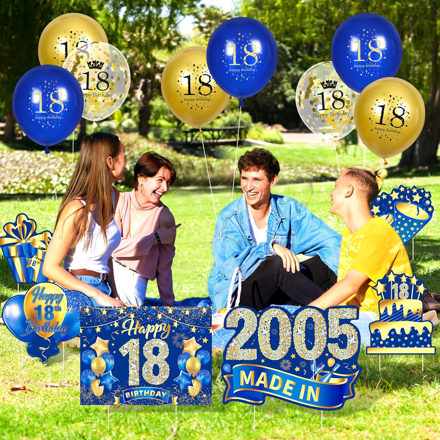 Decoraciones azules de cumpleaños número 18 para niños y niñas, 6 unidades, azul marino, dorado, feliz cumpleaños 18 con estacas y 18 globos de