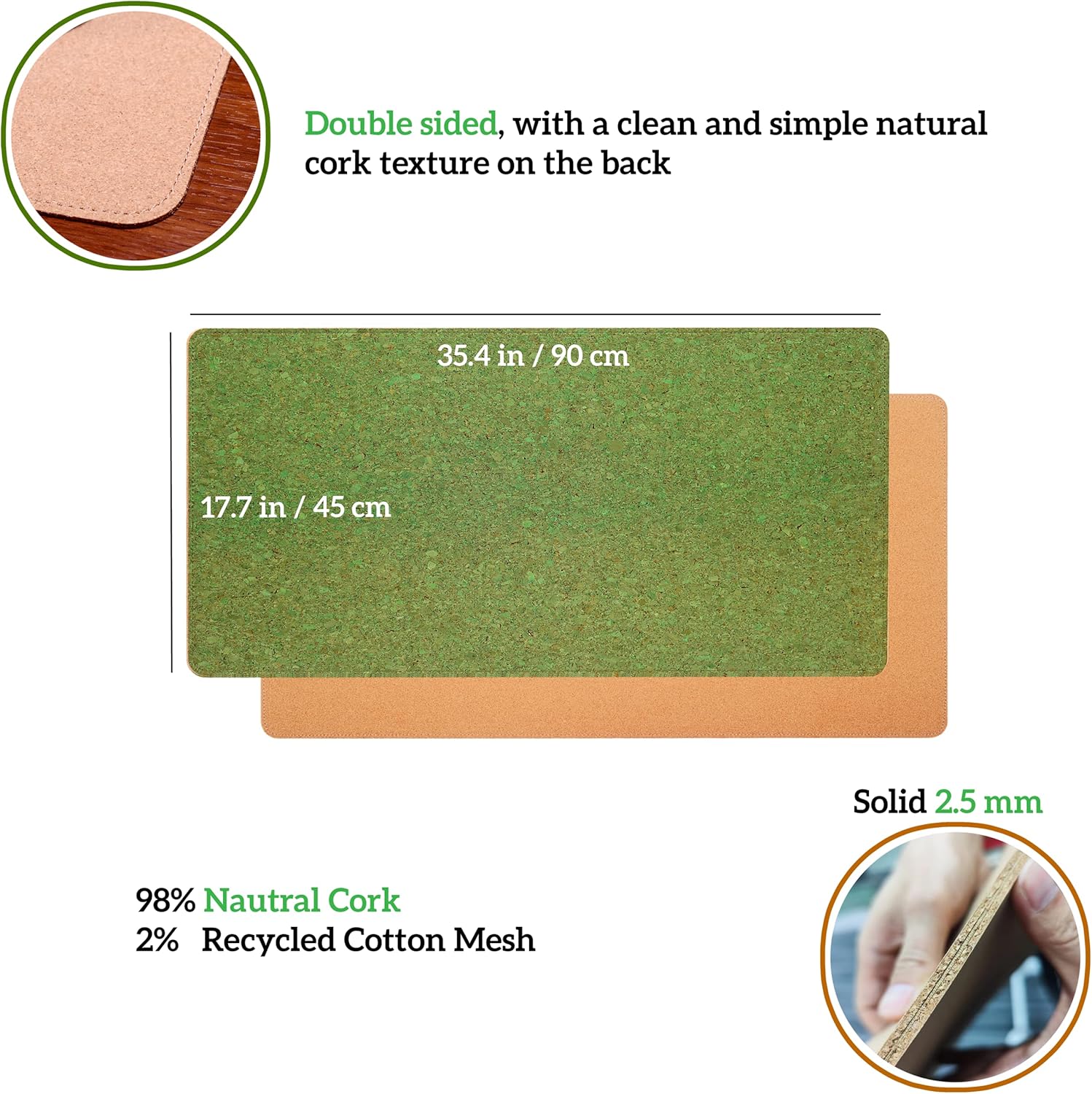 Hamurubi Almohadilla de escritorio de corcho natural y piel sintética, (verde, 35.4 x 17.7), alfombrilla de mouse grande extendida, protector de