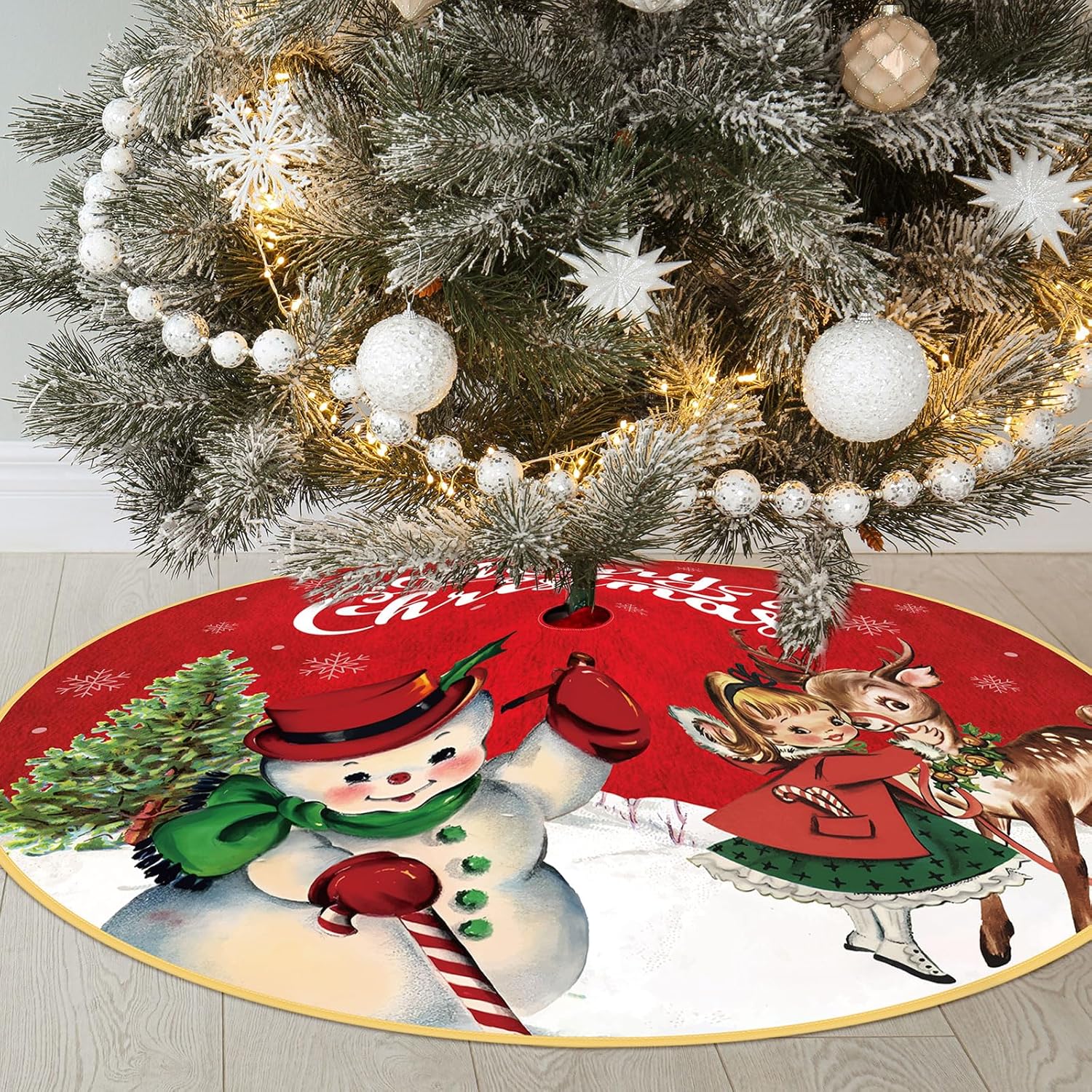 Falda de árbol de Navidad vintage, alfombra rústica para árbol de Navidad, falda de árbol de Halloween, muñeco de nieve de 48 pulgadas con bufanda,