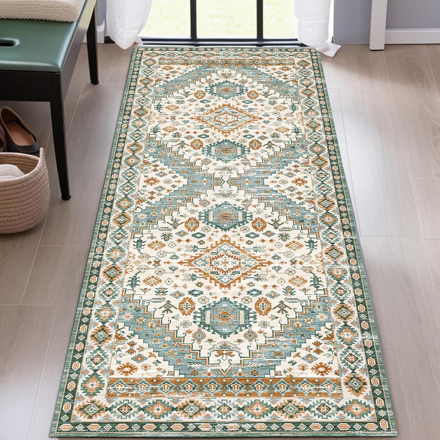 CHOSHOME Alfombra de área  Alfombra vintage de pelo bajo de 2 x 6 pies, lavable a máquina, con parte trasera antideslizante, no desprende pelusa,