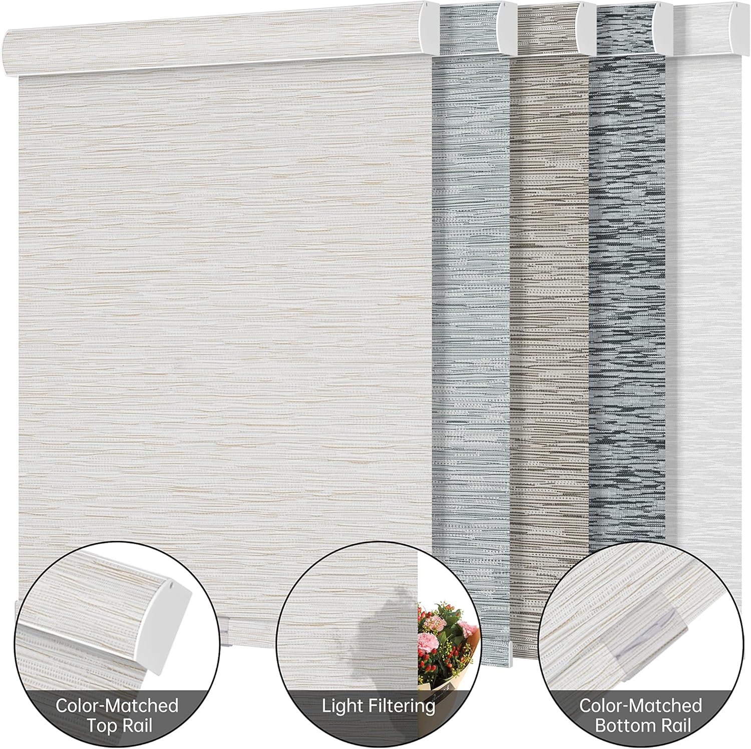 BERISSA – Persianas enrollables con filtro de luz para ventanas, persianas solares sin cordones con jacquard a rayas, tela con aislamiento térmico,