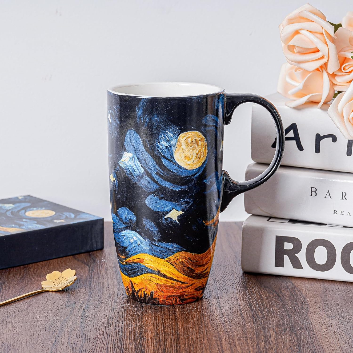 Topadorn Taza de café de cerámica para regalo con tapa de 17 onzas, taza de té alta de porcelana con asa para el hogar y la oficina, taza con patrón