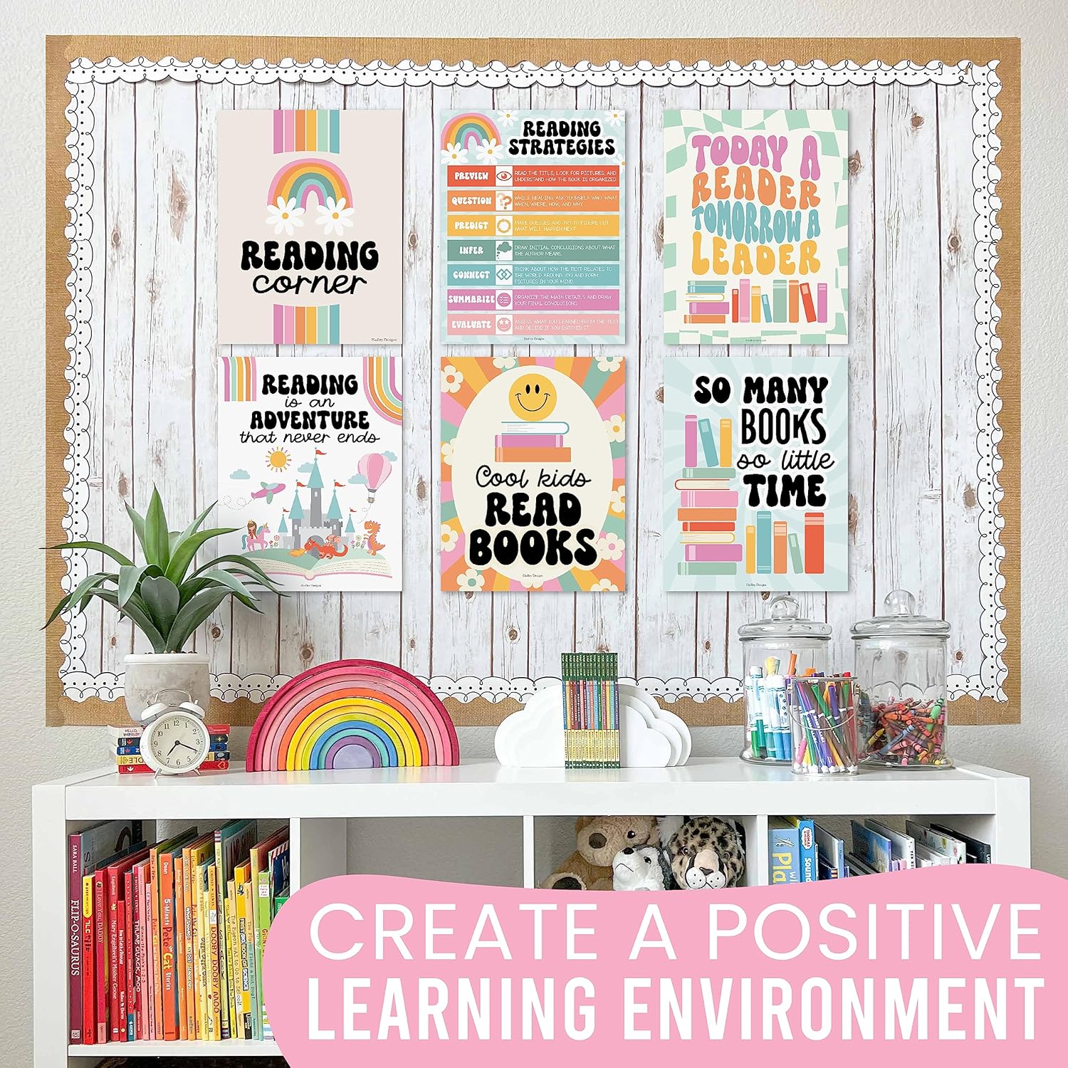 Hadley Designs 6 carteles de lectura retro para decoración de biblioteca de aula para la escuela, carteles de lectura para escuela primaria, juegos