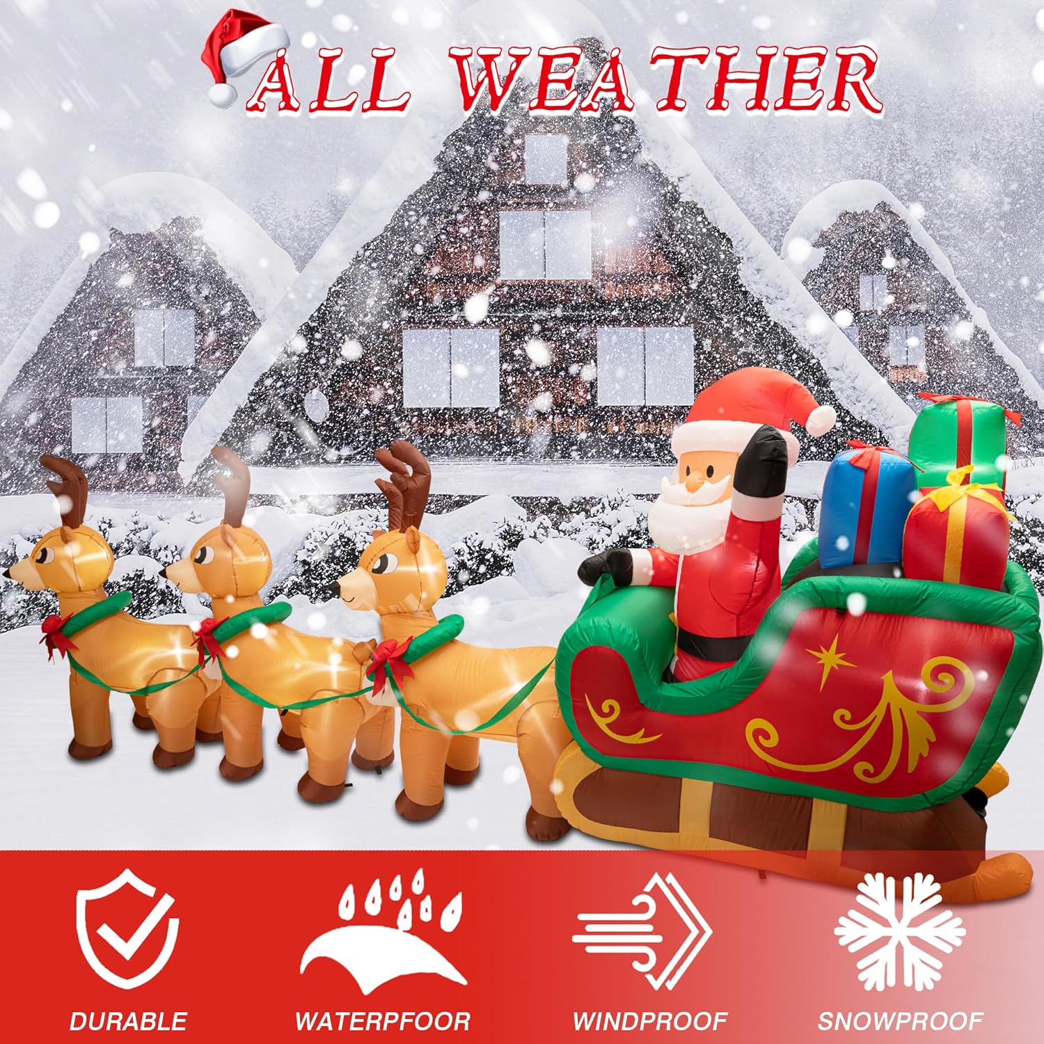 Inflables de Navidad iluminados de 12 pies, Papá Noel en trineo con 3 renos y cajas de regalo, decoraciones inflables gigantes de Navidad, luces LED