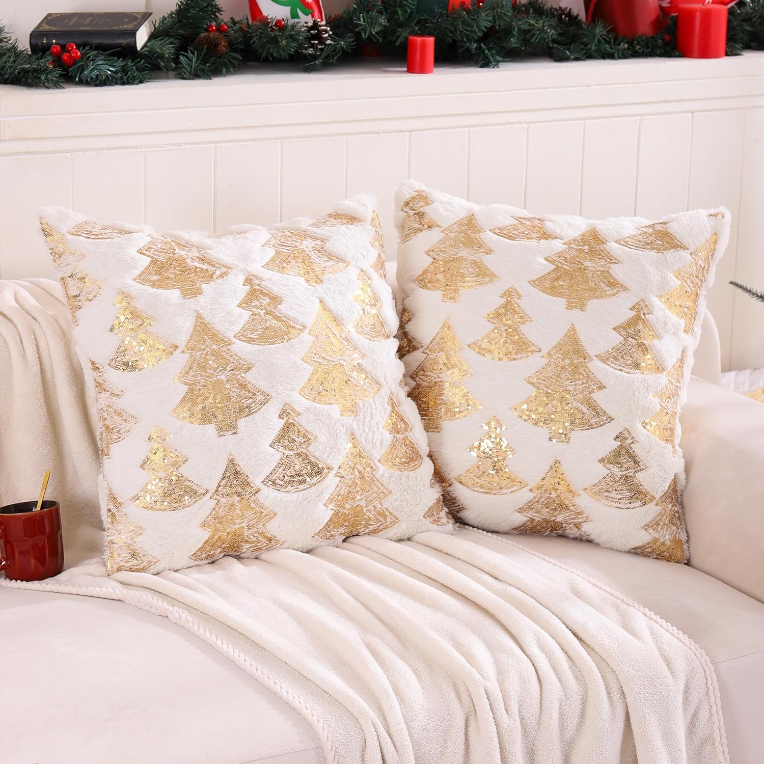 Fundas de almohada de Navidad de 18 x 18 pulgadas, juego de 2 múltiples fundas de almohada de lentejuelas para árbol de Navidad, fundas de almohada