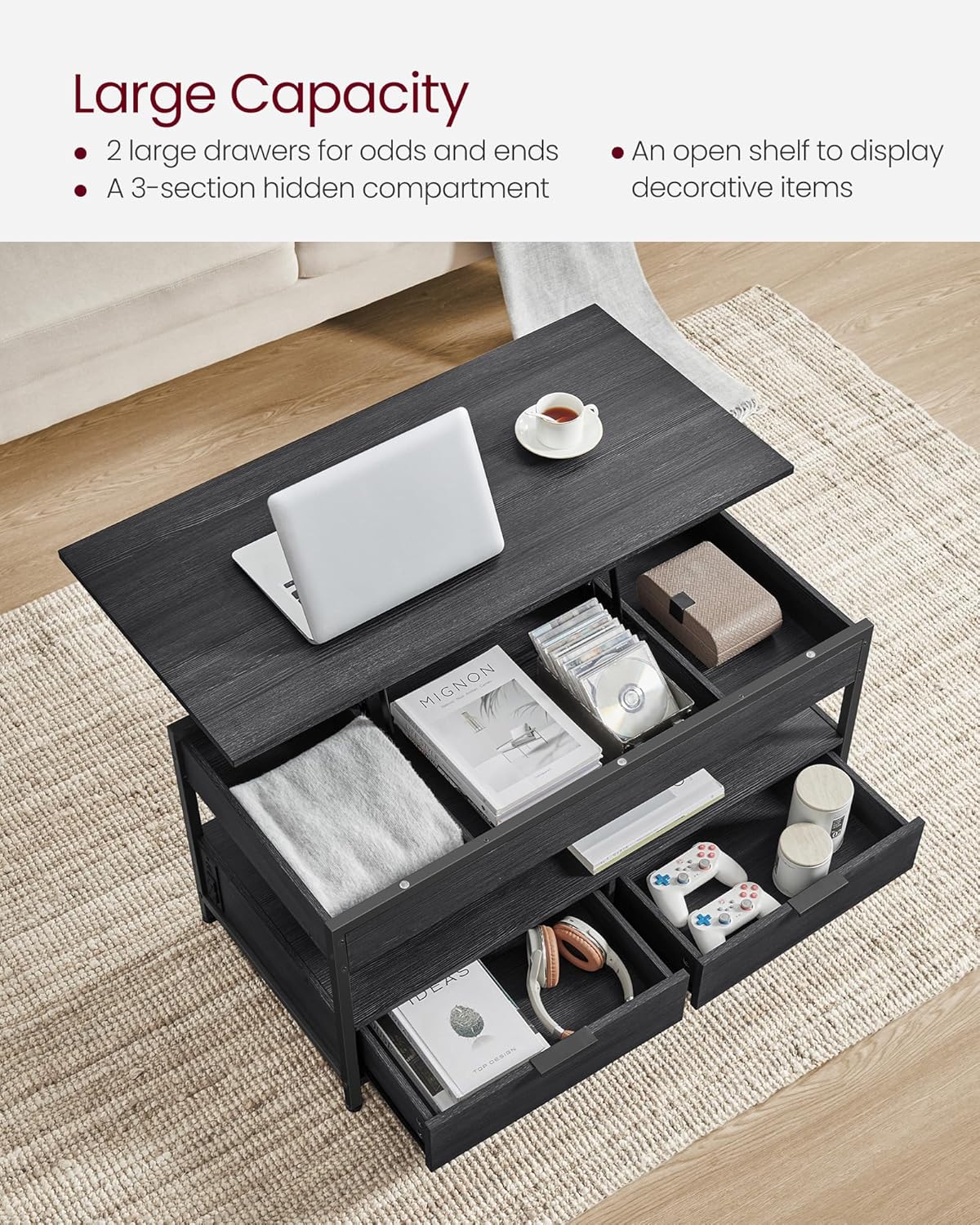 VASAGLE ULCT206B22 – Mesa de centro elevable con cajones de almacenamiento y estación de carga, mesa auxiliar para sala de estar con parte superior