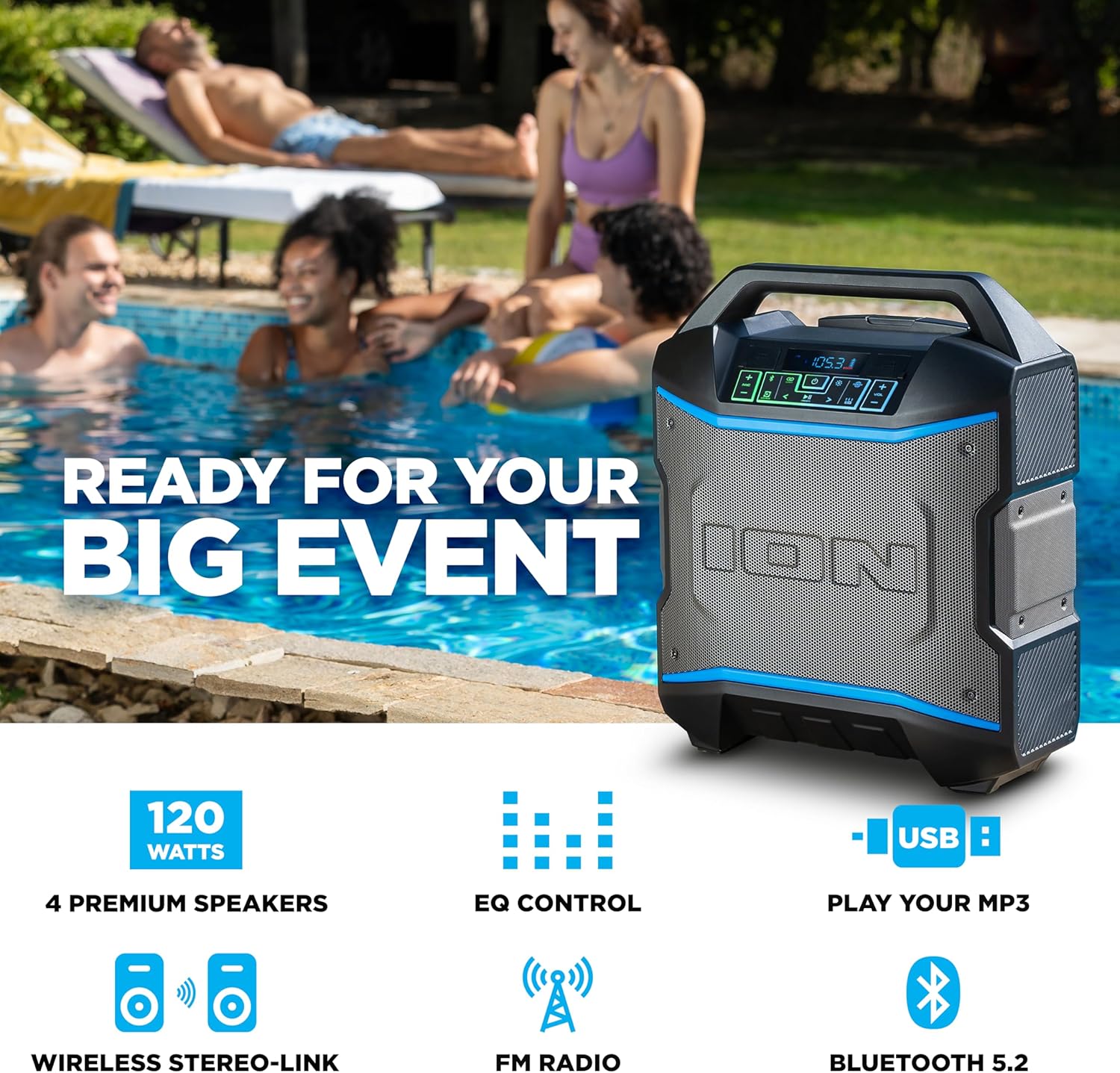 ION Block Rocker – Altavoz portátil Bluetooth para fiestas al aire libre con micrófono de karaoke, batería, 4 altavoces, radio, puerto USB,