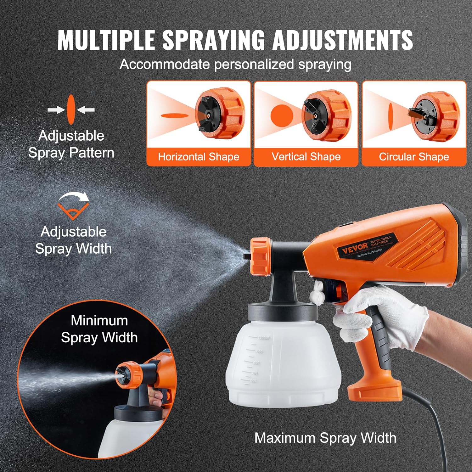 VEVOR Pulverizador eléctrico de pintura con contenedor de 44.0 fl oz, pistola de pulverización HVLP de 700 W con 5 boquillas de cobre, ideal para