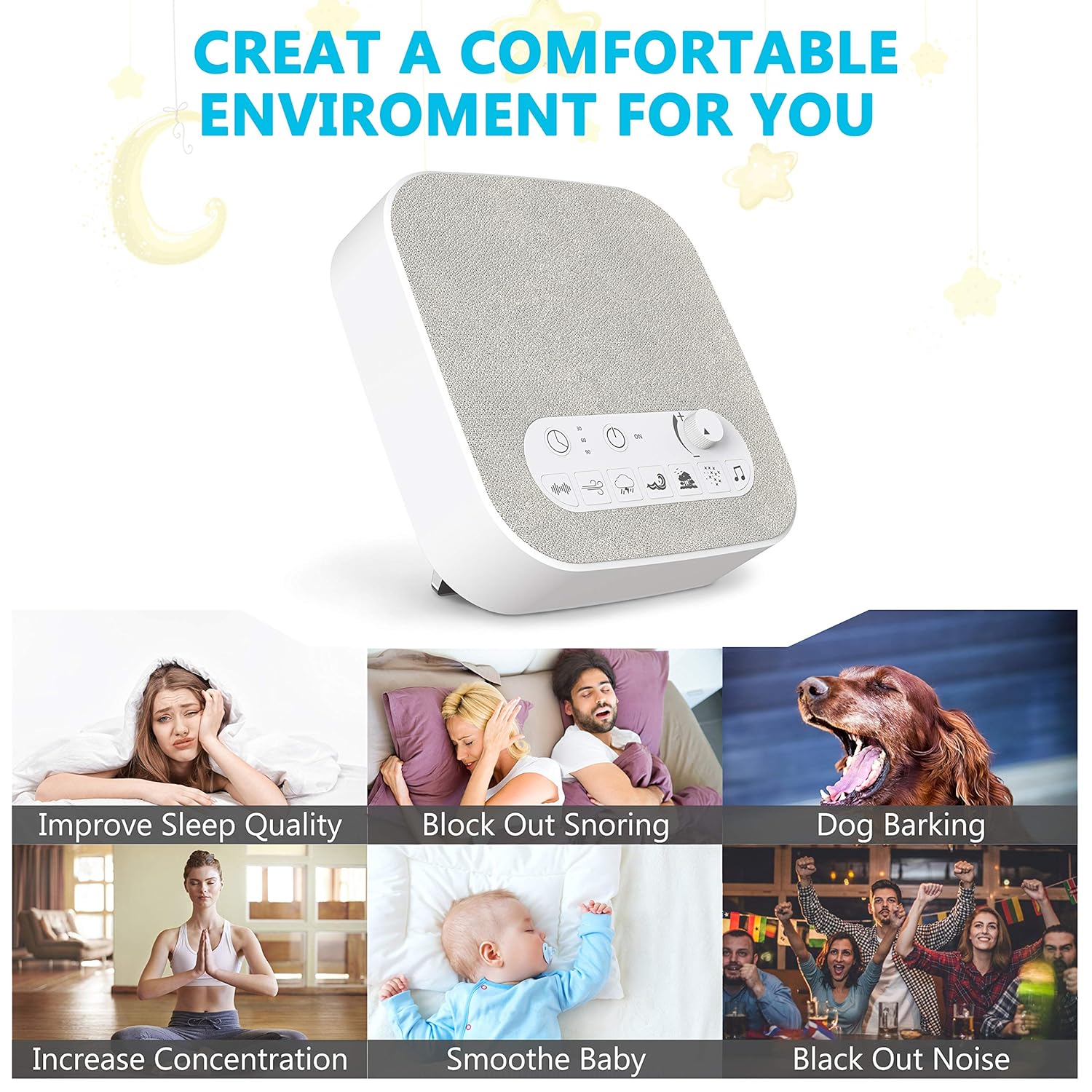 Máquina de sonido de ruido blanco con sonidos naturales, cargador de salida USB, volumen ajustable, conector para auriculares y temporizador de