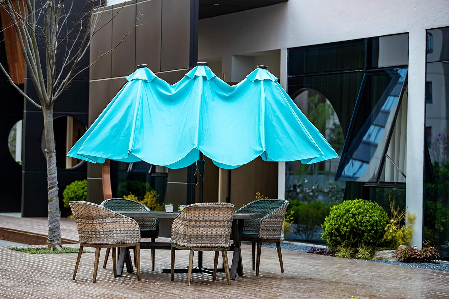 Diophros Solar Powered Double-Sided Patio Umbrella, Outdoor Large Market Umbrella with LED Lights, LED Rectangular Aluminum Twin Patio Umbrella with