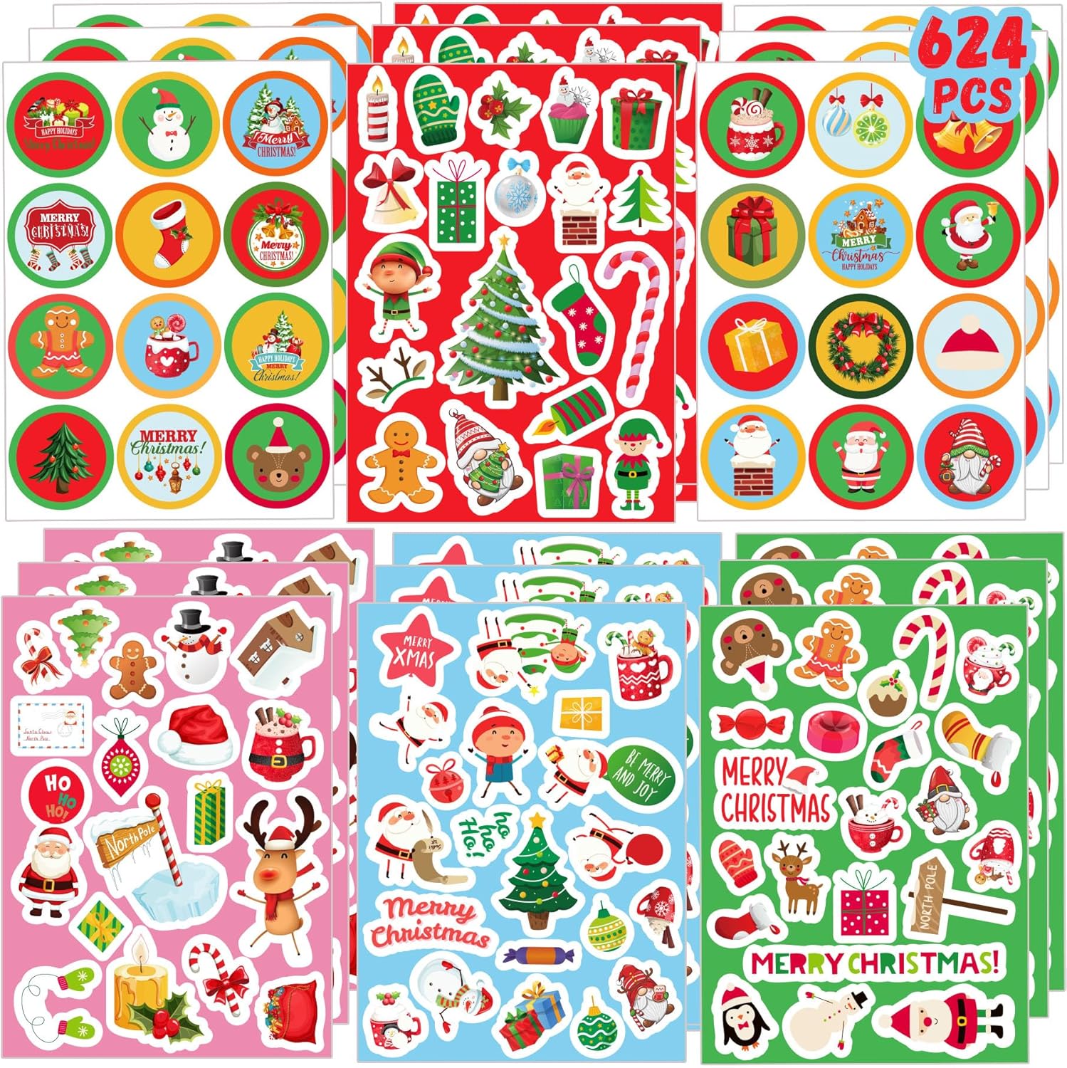 Calcomanías de Navidad para niños, 624 unidades, calcomanías de adorno de Navidad, calcomanías de Navidad a granel, lindas calcomanías de Navidad,